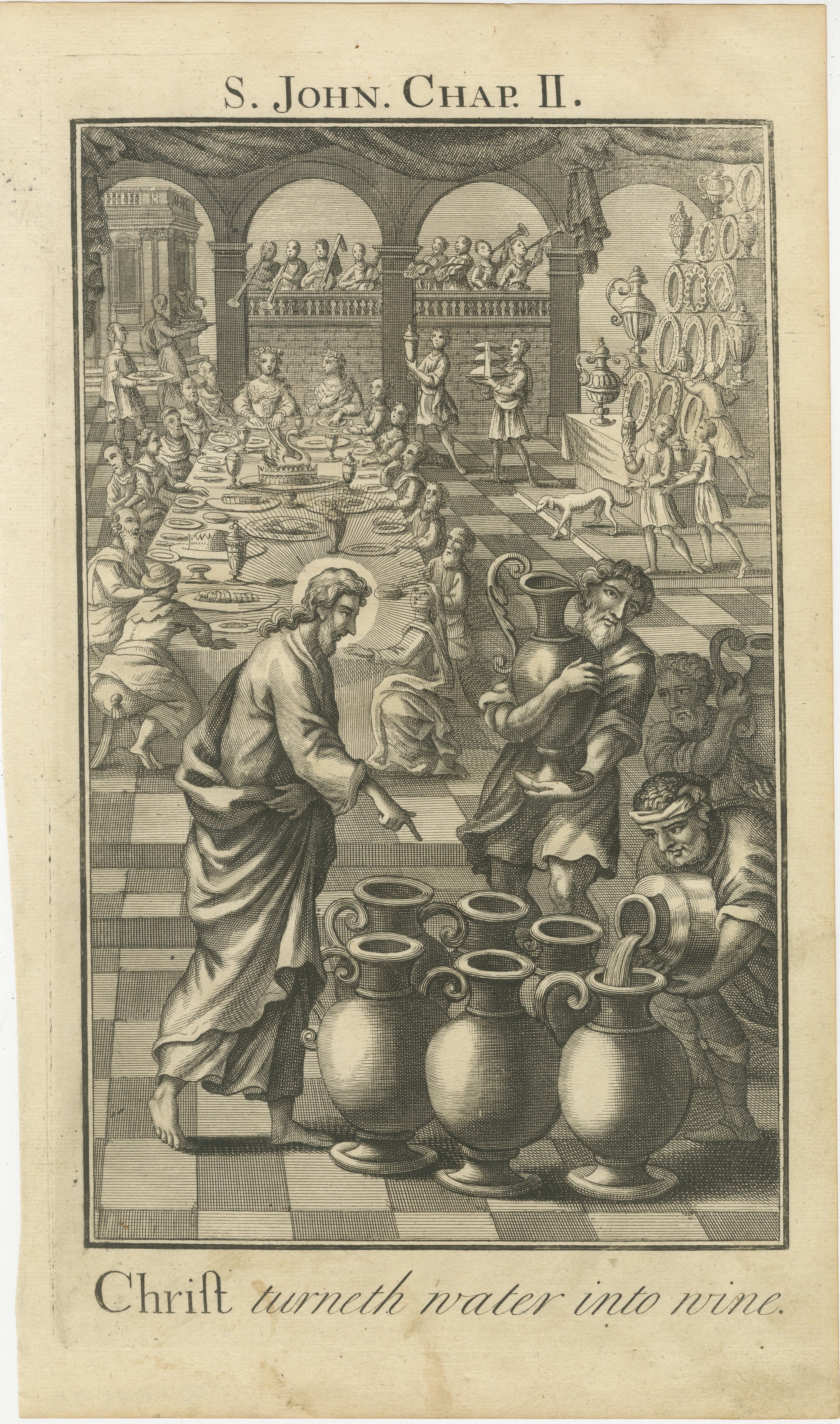 Titel: Christus verwandelt Wasser in Wein Kupferstich - Johannes II. Hochzeit zu Kana ca. 1735

Beschreibung:
Dieser fein detaillierte antike Stich mit dem Titel 