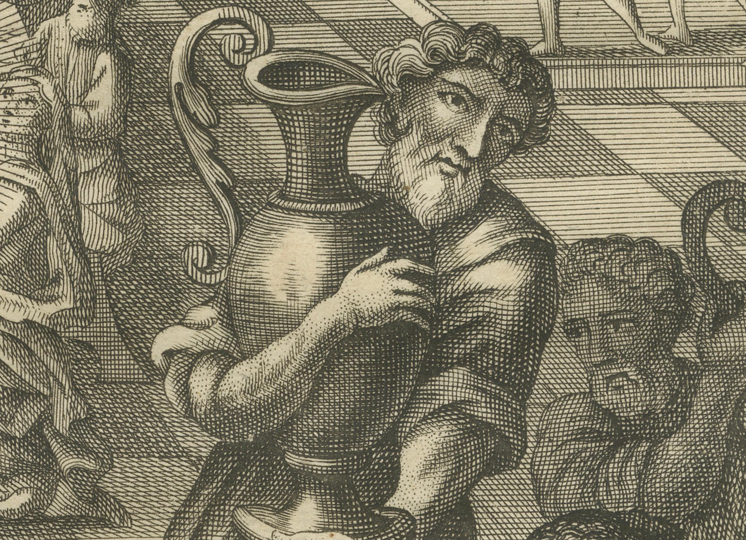 Christus verwandelt Wasser in Wein Kupferstich - Johannes II. Hochzeit zu Kana ca. 1735 im Zustand „Gut“ im Angebot in Langweer, NL
