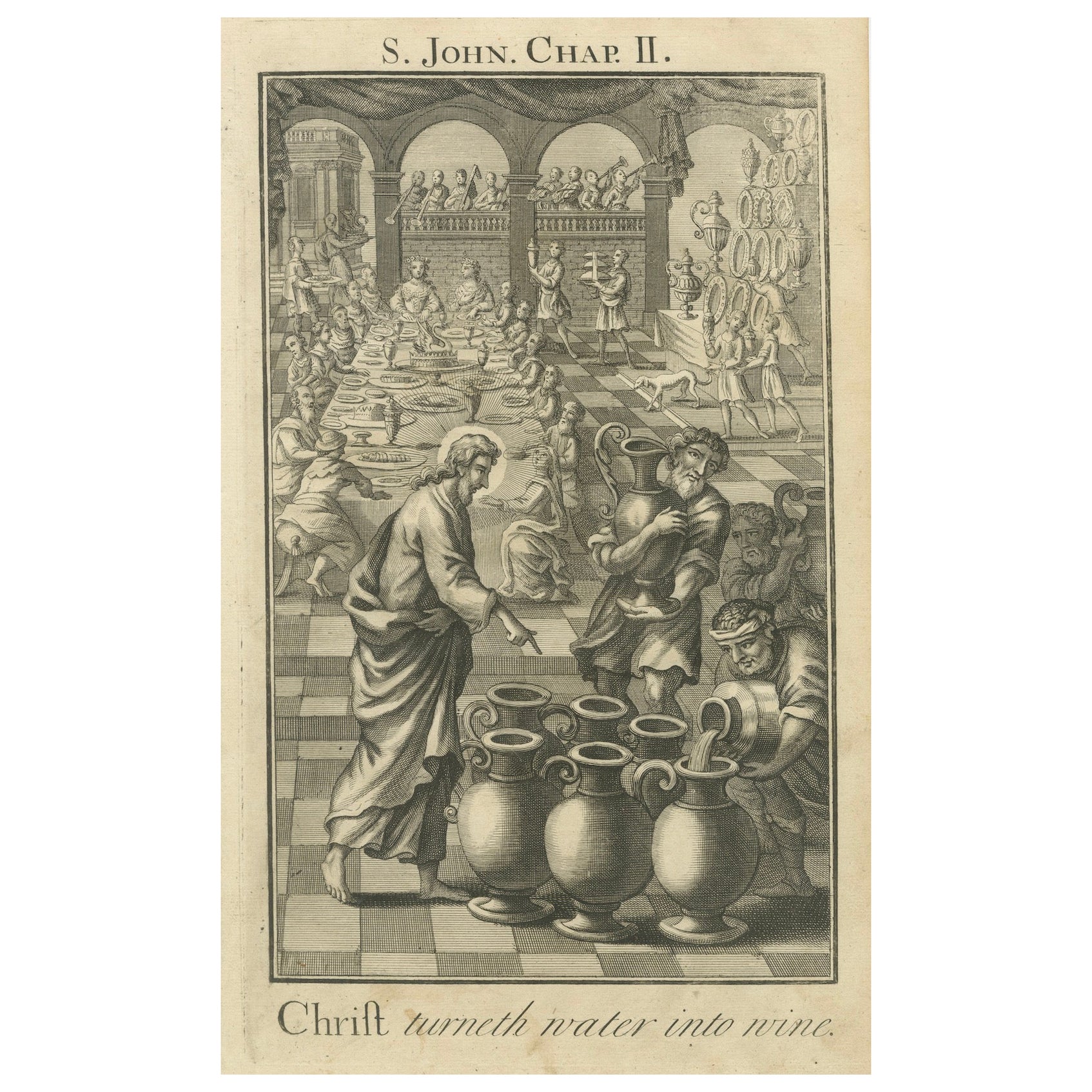 Christus verwandelt Wasser in Wein Kupferstich - Johannes II. Hochzeit zu Kana ca. 1735