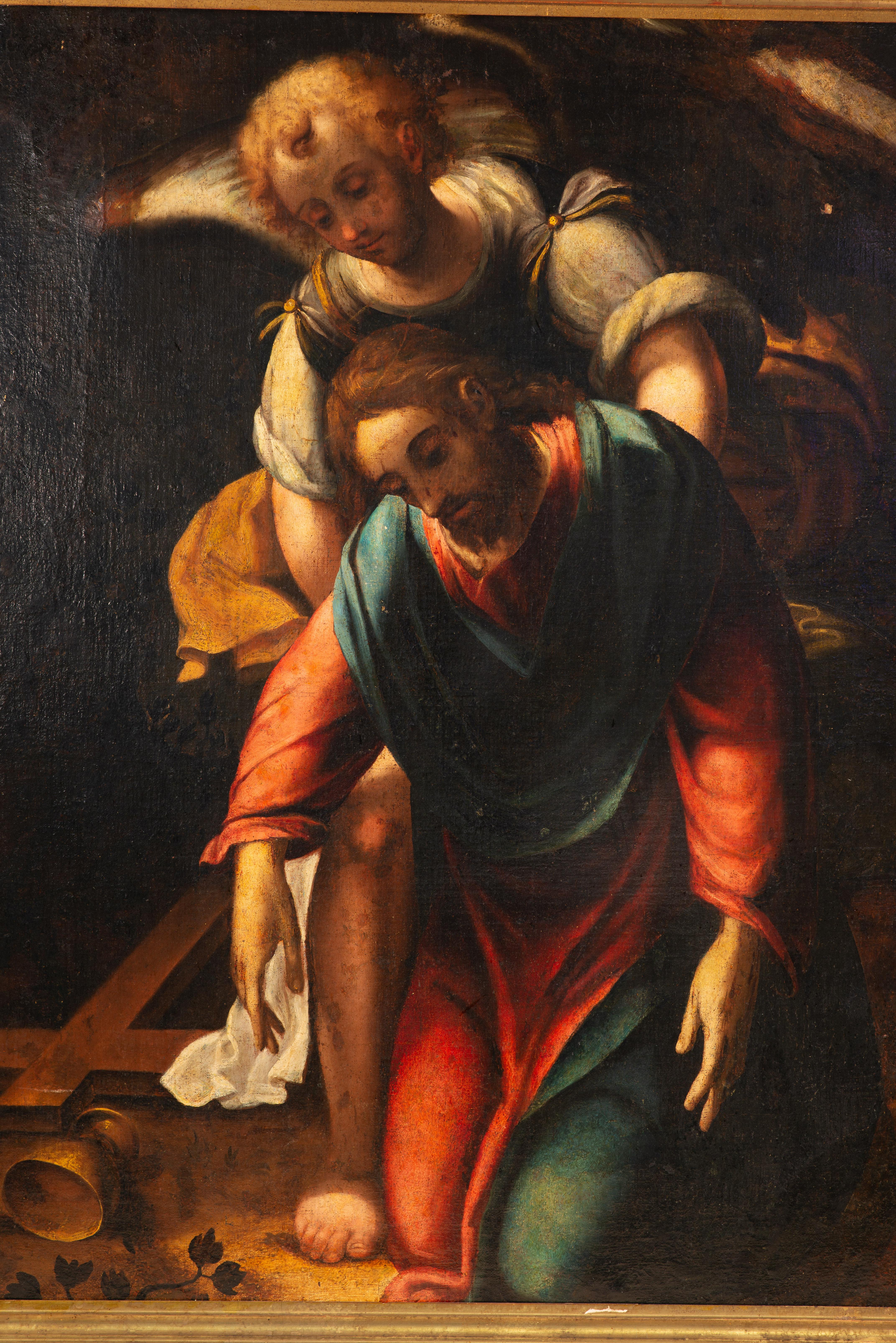 Le Christ avec l'ange. Huile sur toile. XVIIIe siècle. 
Le tableau représente le Christ, habillé, soutenu par les épaules ou le dos par un ange, les deux figures situées dans un espace indéterminé, accompagnées de divers symboles de la Passion
