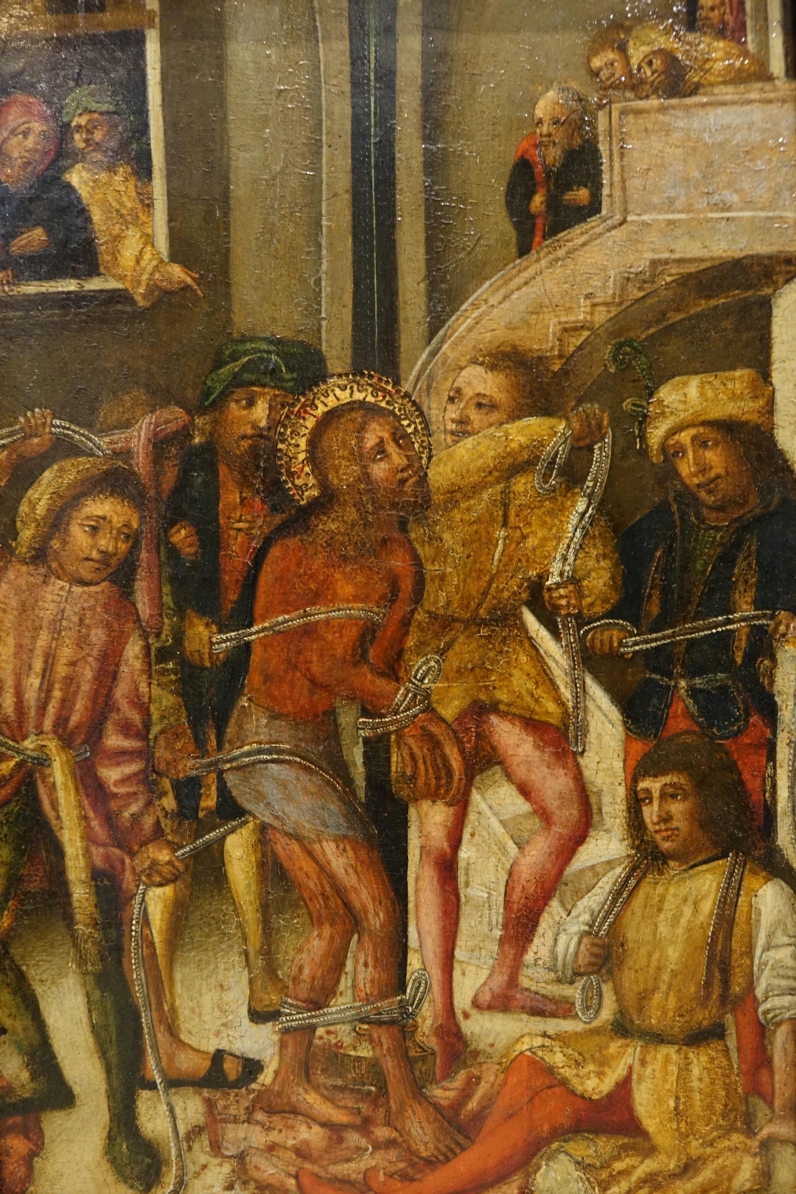 Œuvre vénitienne, seconde moitié du XVe siècle
Tempera sur panneau
34 x 23 cm
Un épisode de la Passion du Christ lors du procès de Ponce Pilate, le procurateur romain, concernant Jésus-Christ : le justiciable est attaché à une colonne et plusieurs