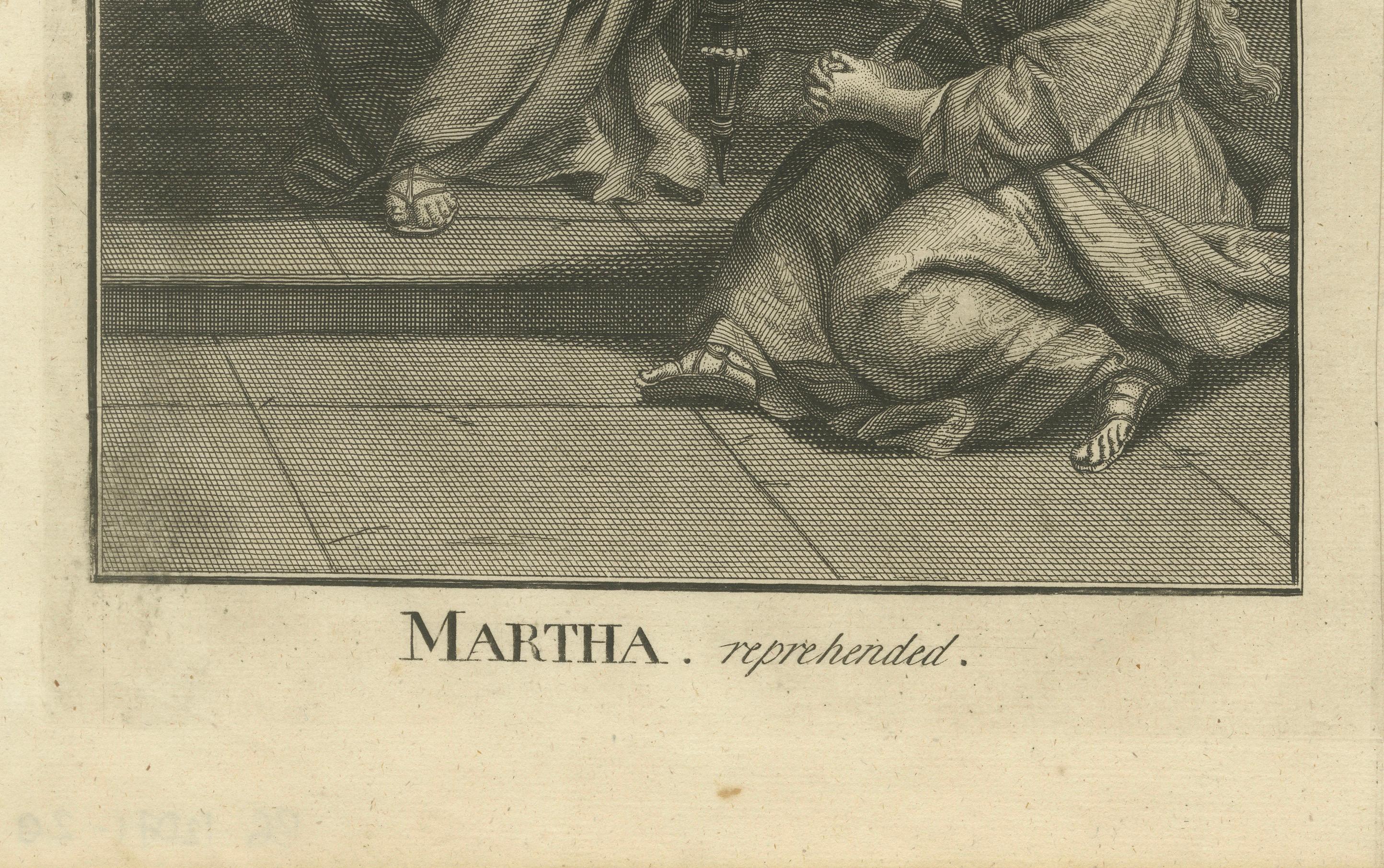 Christus mit Maria und Martha Kupferstich - Lukas X Martha Reproduziert 1735

Dieser antike Stich zeigt die biblische Szene, in der Jesus das Haus von Maria und Martha besucht, aus dem Lukas-Evangelium, Kapitel 10, veröffentlicht im Jahr 1735. Das