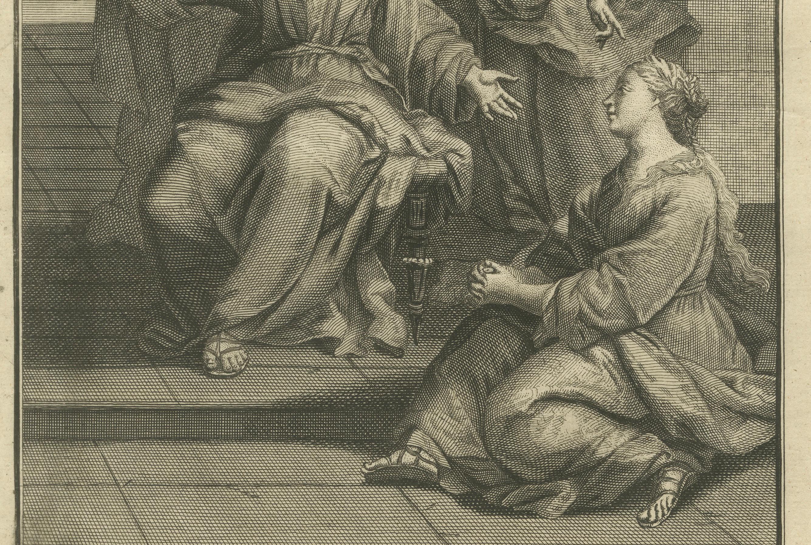 Christus mit Maria und Martha Kupferstich - Lukas X Martha Reproduziert 1735 (Englisch) im Angebot