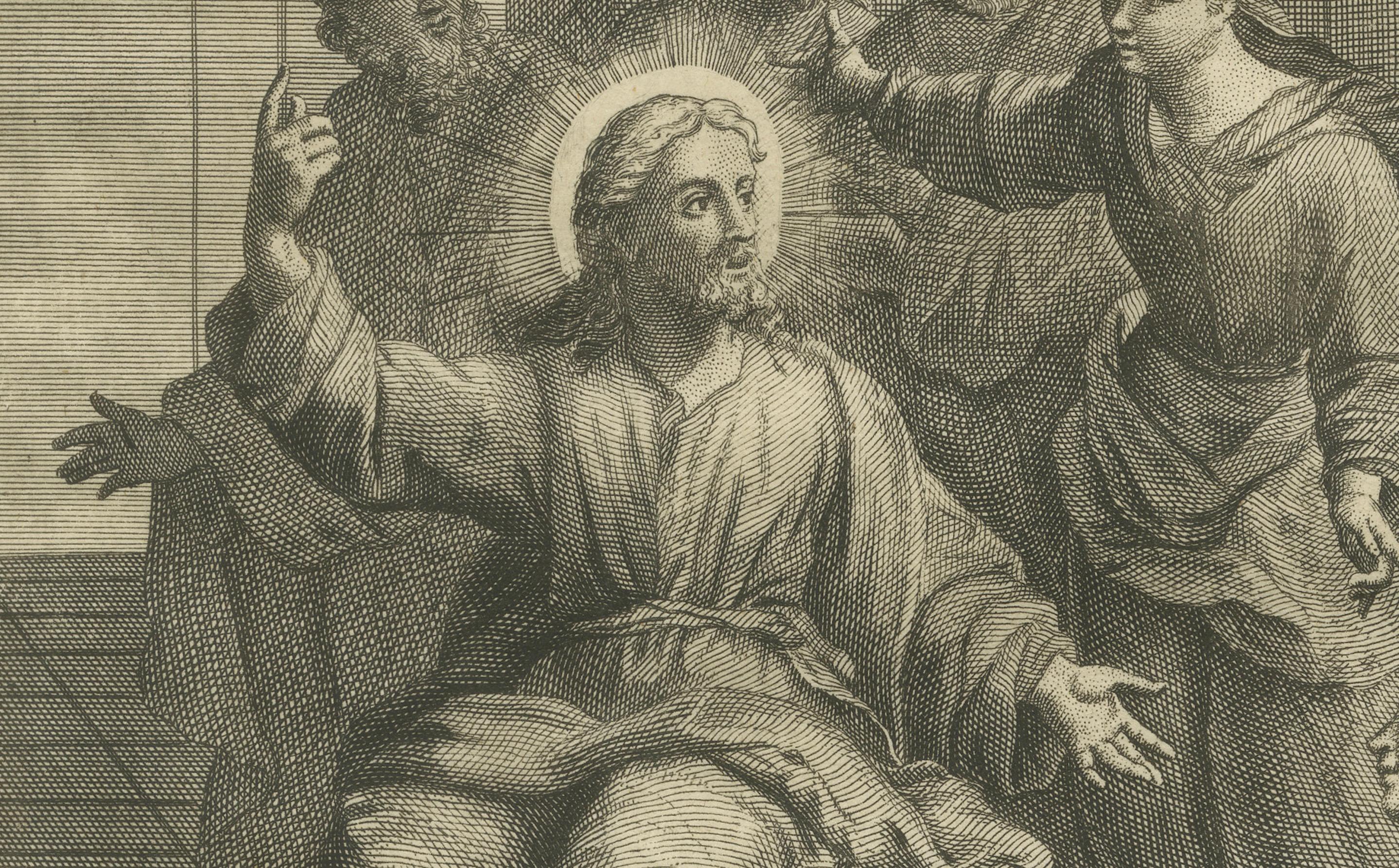 Christus mit Maria und Martha Kupferstich - Lukas X Martha Reproduziert 1735 im Zustand „Gut“ im Angebot in Langweer, NL