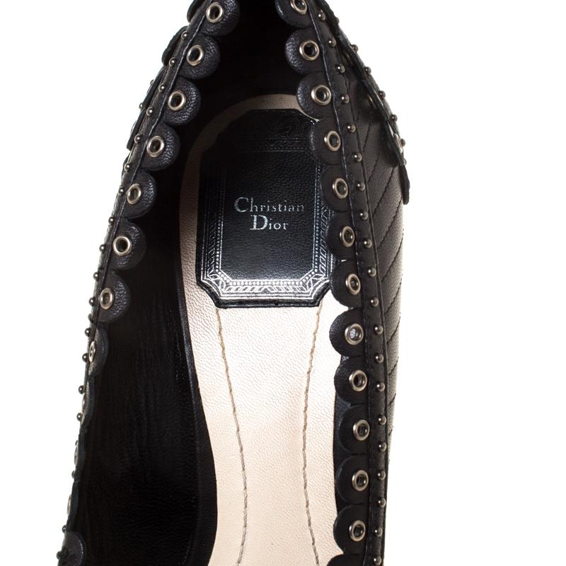 Christain Dior Black Leather Studded Peep Toe Pumps Size 37.5 1