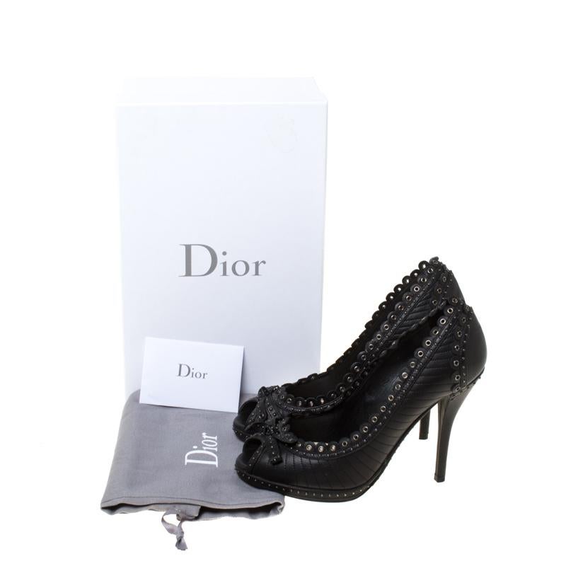 Christain Dior Black Leather Studded Peep Toe Pumps Size 37.5 4