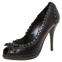 Christain Dior Black Leather Studded Peep Toe Pumps Size 37.5