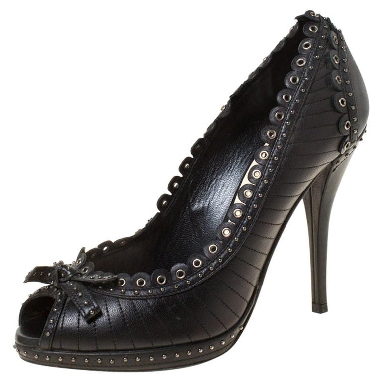 Christain Dior Black Leather Studded Peep Toe Pumps Size 37.5 at 1stDibs