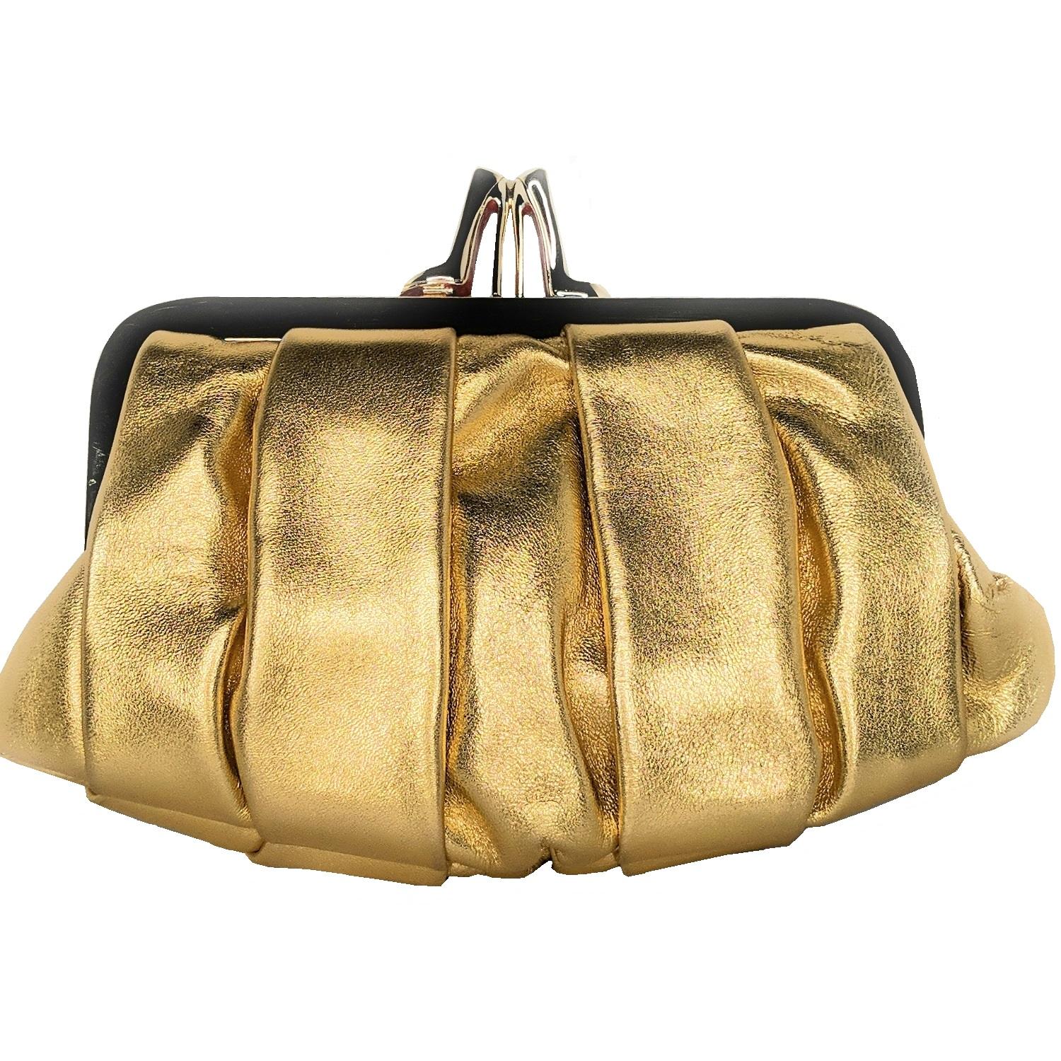 Embrace all-out glamour with Christian Louboutin's 'Mini Loubi Lula' clutch. Crafted from Nappa leather in metallic gold with gold toned hardware. The bag opens to a red jacquard woven satin interior. The design is completed with a pair of iconic