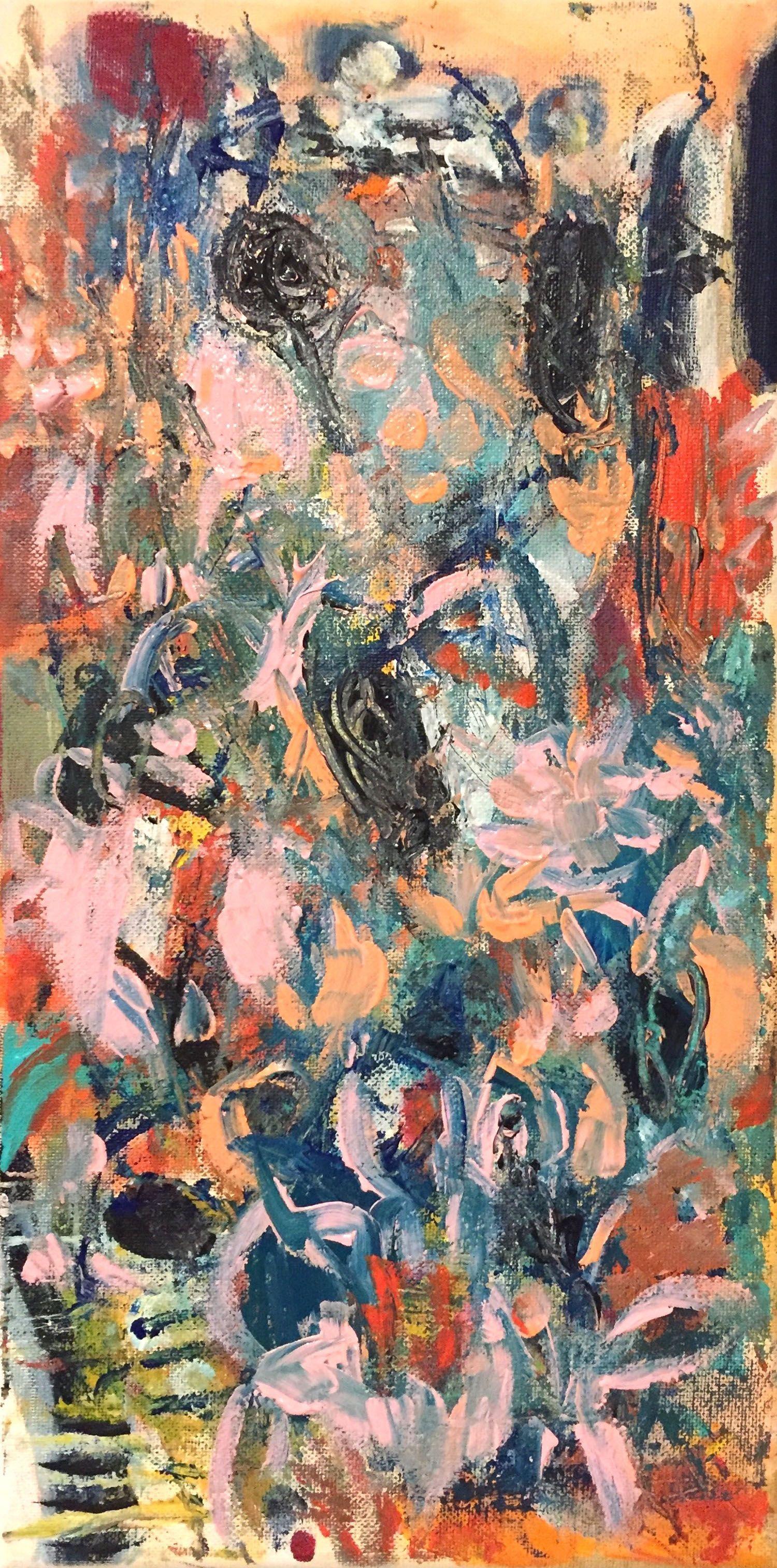 "A Summer's Day" is a vibrant and dynamic small acrylic painting on canvas. The color palette is very soft and tender and at the same time dynamic and gestural. There are many layers, lines and visible brush strokes.    The painting does not need to