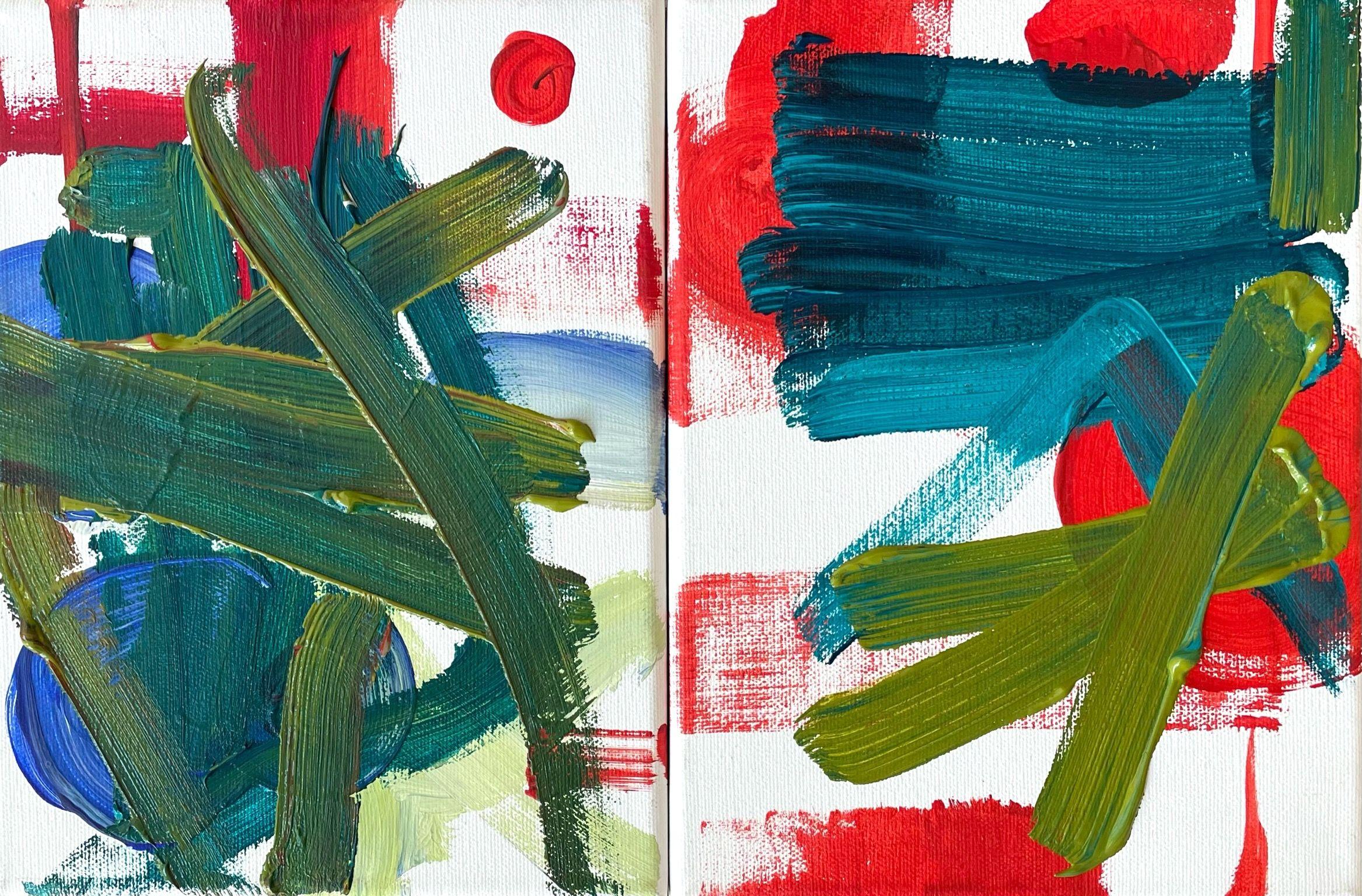 "From time to time (diptych)" is an abstract diptych on canvas. It is painted with thick brushstrokes, very dynamic and expressive. The main colors are green, blue and red. The sides of the artwork are not painted.    The two paintings can be hung