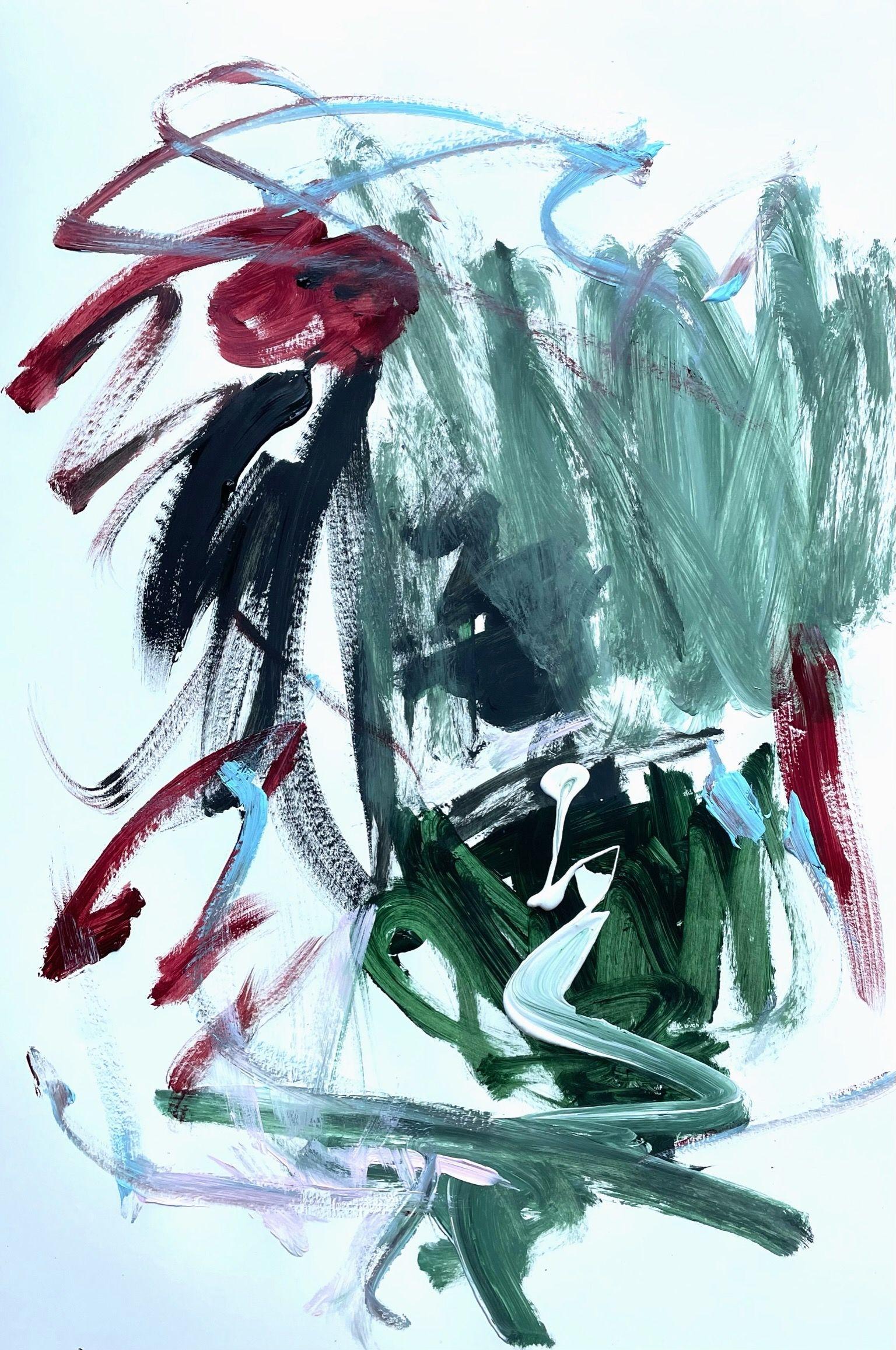 "Afternoon Kiss" is a vibrant and passionate artwork on paper in the tradition of Informel. It is full of movement and action.  The main colors are dark green, dark red and black.    This artwork is a one of a kind painting, an absolutely