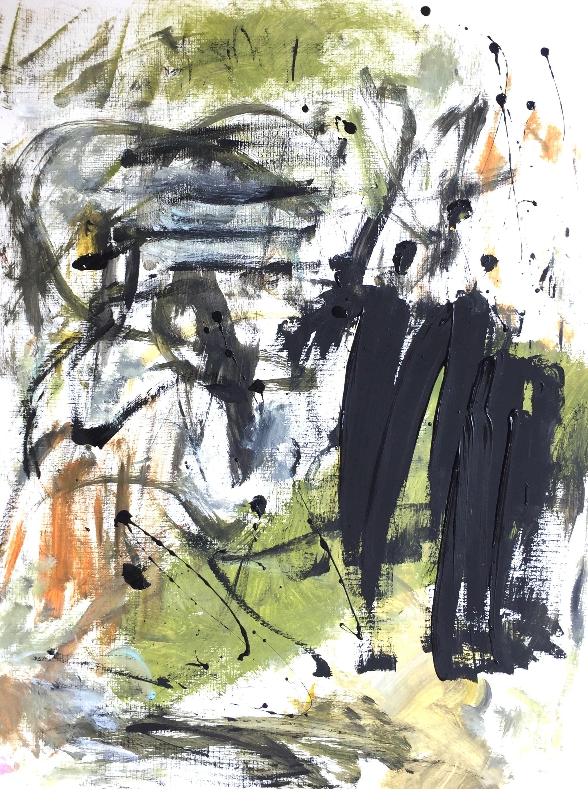 "Auch in schweren Zeiten (Even in difficult times)" is an abstract, modern acrylic painting on paper. The work of art is painted gestural and dynamic. It can be classified in modern expressionism. The main colors are green, black and orange.    Love