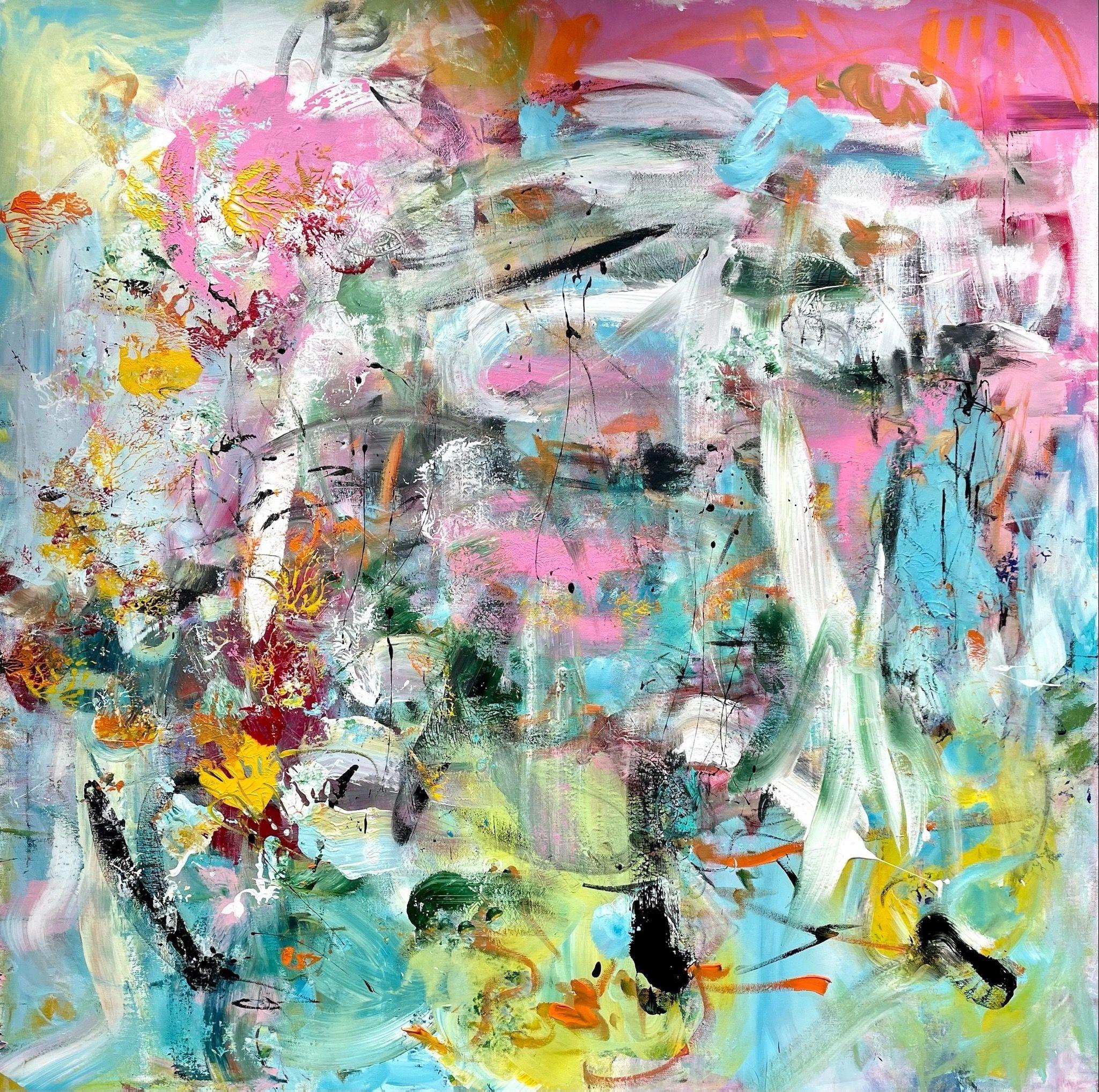 "Behalte den Ãœberblick (Keep track)" is a colorful, expressive acrylic painting on canvas.   Sometimes it is difficult to keep track of things these days. Too many impulses are pouring in on us. It is precisely then that it is important not to