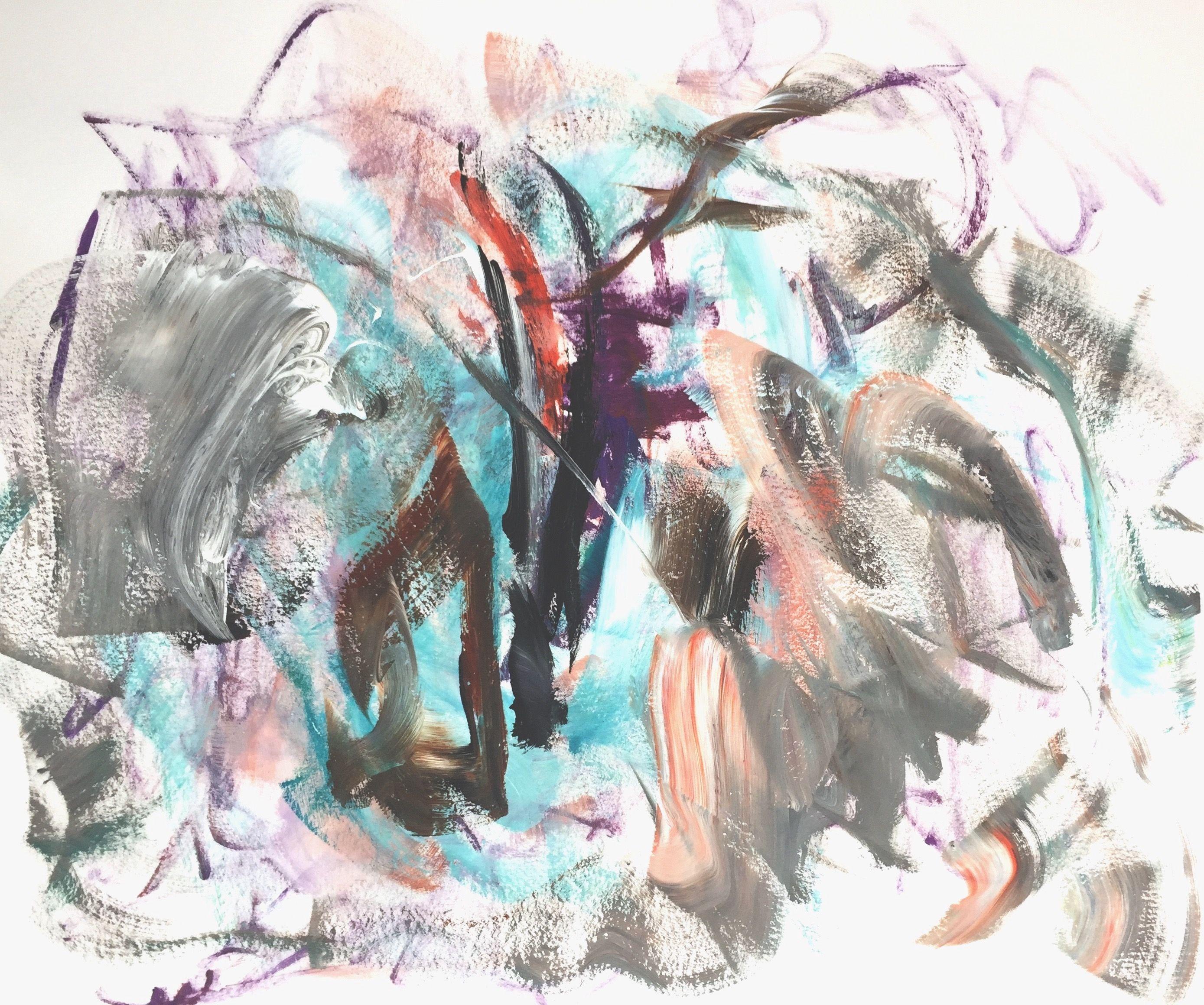 "Better Tomorrow" is a gestural-dynamic acrylic painting on paper. It is done in pastel tones. The main colors are gray, white, pink, mint green and purple. -  Sometimes it is necessary, but it is not always better to postpone things until tomorrow.