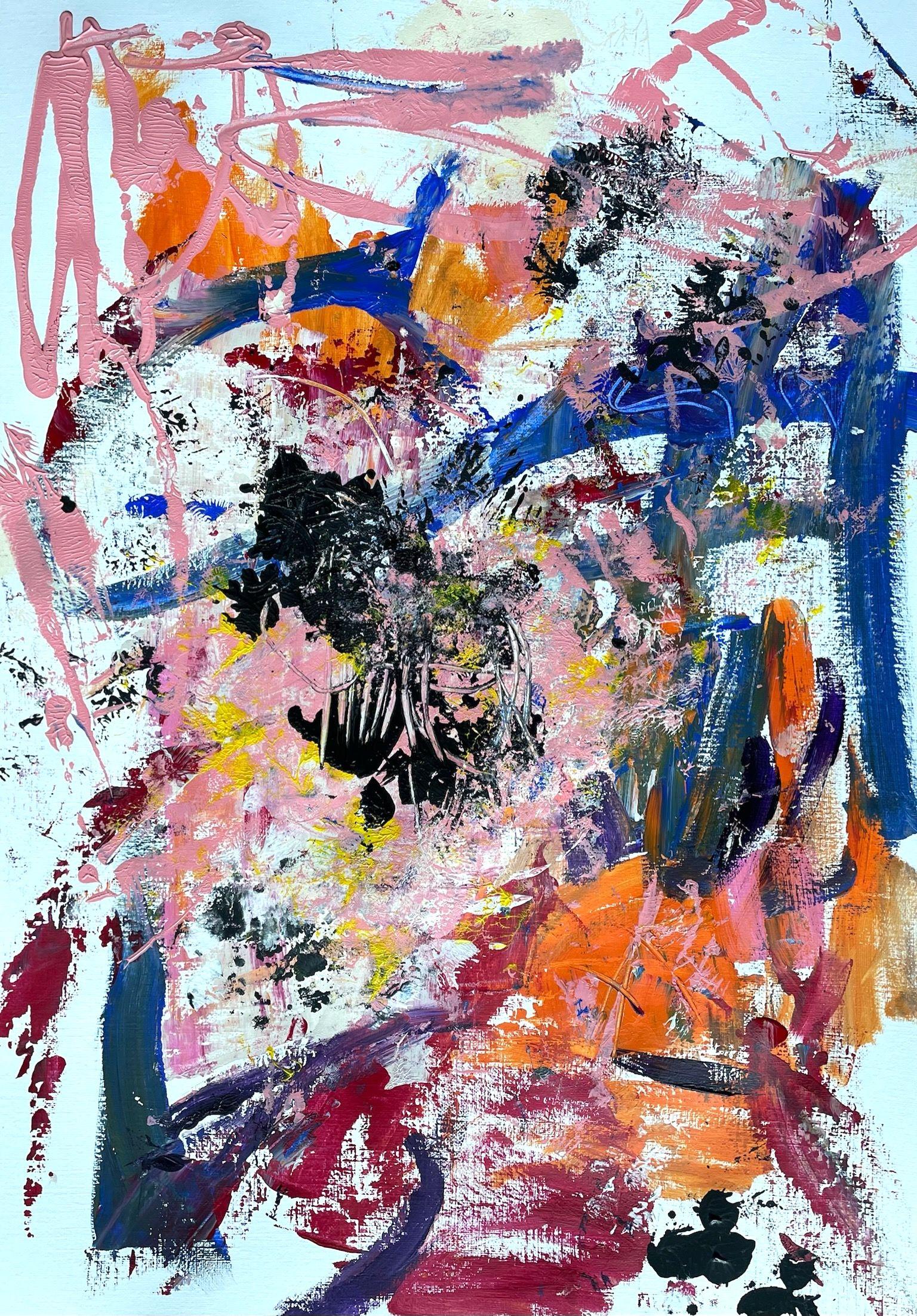 "Catching Up" is an abstract modern acrylic painting on paper. It is painted expressively and gestural-dynamically. The main colors are blue, orange, pink and black. The artwork is full of movement and vibrancy.    The painting is signed on the