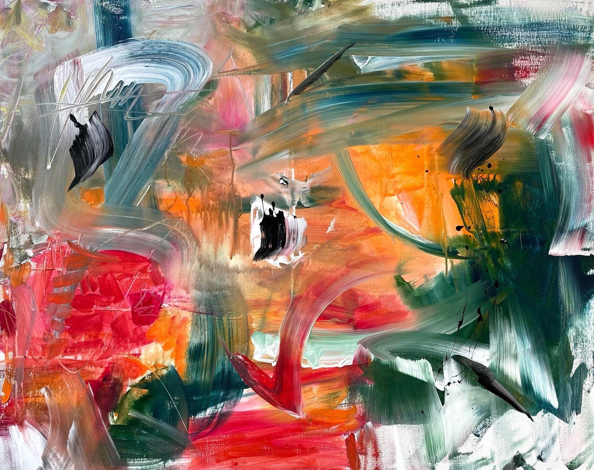 "Caveman" is an abstract, colorful painting on canvas. It is dynamic, painted with gestural brushwork. A prime example of modern expressionism.    The main colors of the artwork are orange, red, green, black and white.    The painting can be hung