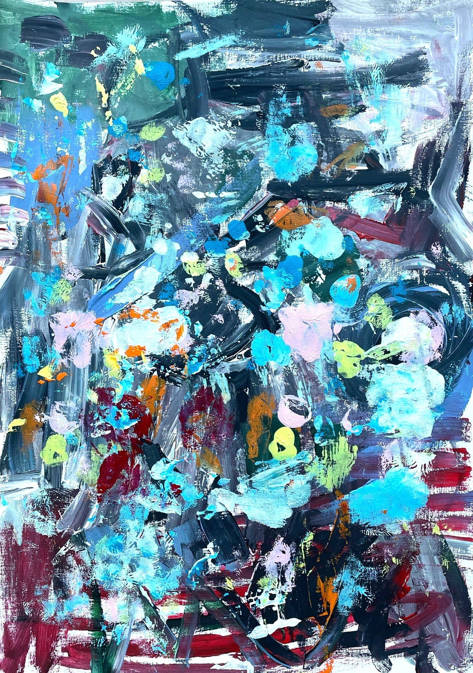 "Download" is an abstract modern artwork on paper. It is painted gesturally and dynamically, very expressive, full of movement. It is multicolored - a real statement piece of art.     The artwork is signed on the back so the buyer can hang it as per