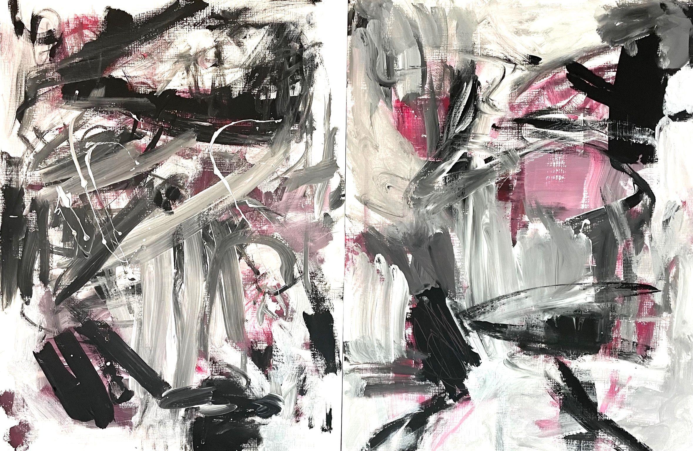 "Embracing (Diptych)" is an abstract and expressive diptych on paper. It is painted gesturally and dynamically and is part of modern expressionism. The artist deliberately limited herself to the three colors black, white and red. The result was a