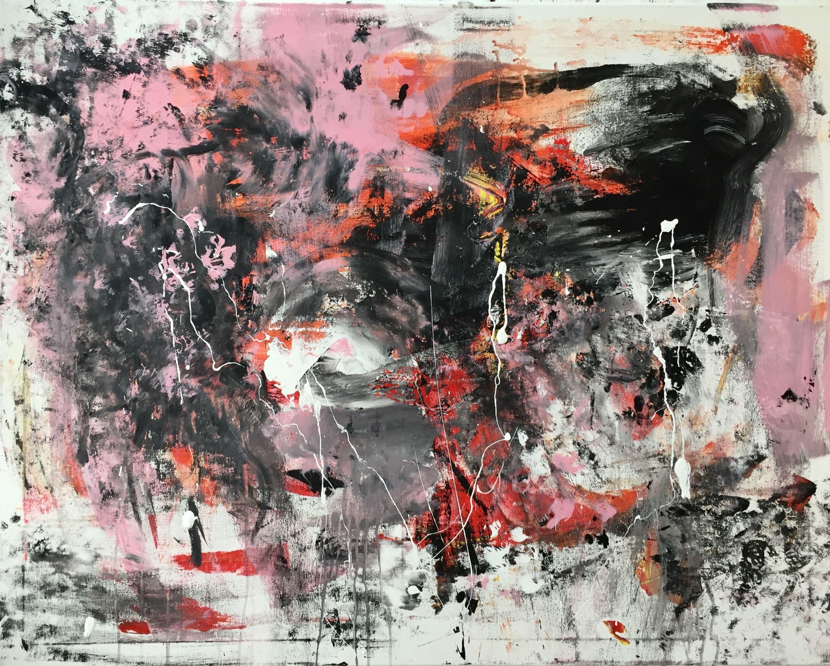"Eruption" is an expressive, abstract acrylic painting on canvas. It's full of dynamism and passion. Expressive, gestural, dynamic. The choice of colors is reduced to black, grey, white, pink and a little bit of orange.   It can be a volcanic