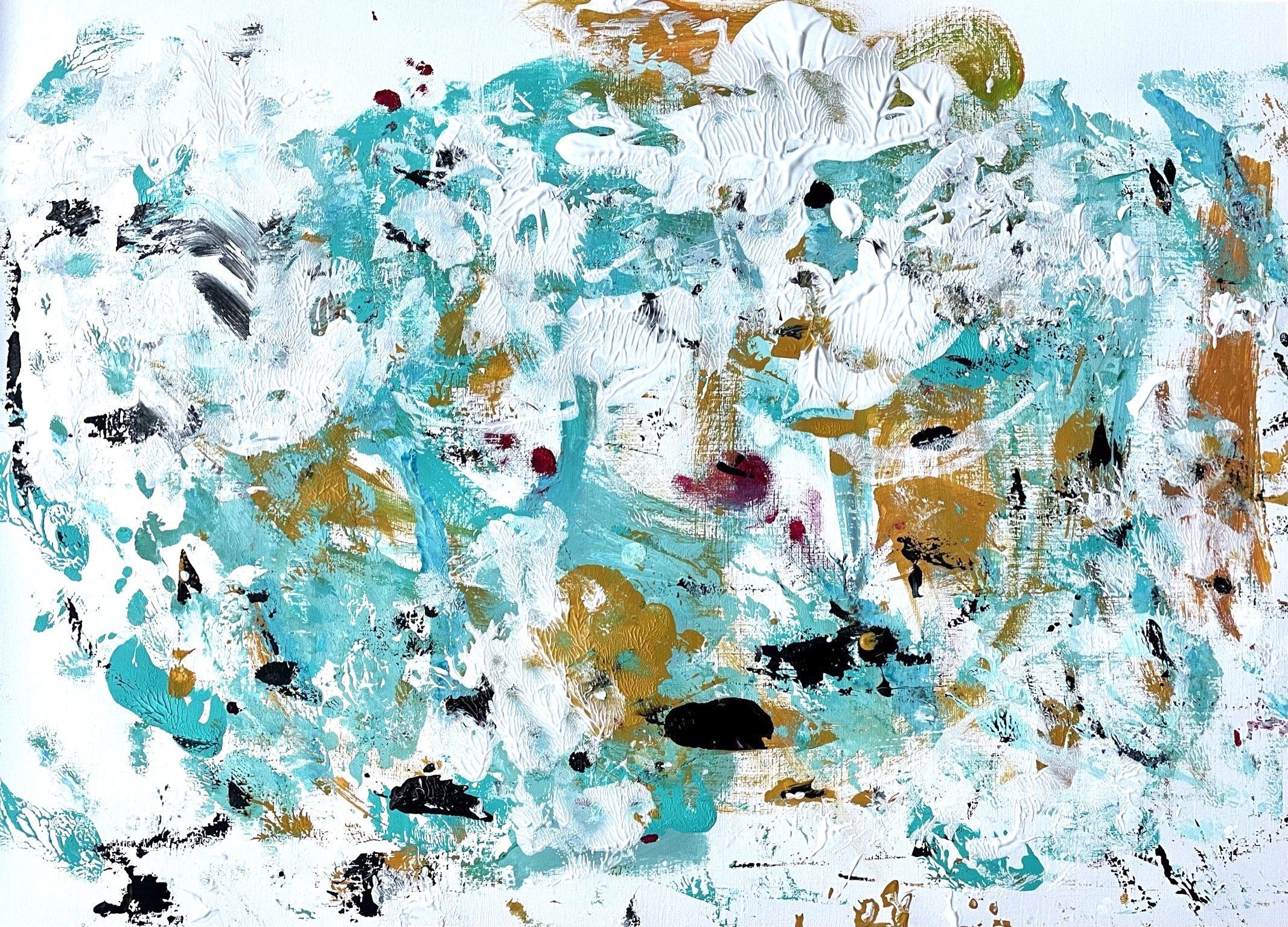   "Eskimo Kiss" is a gentle and cheerful acrylic painting on paper. It's full of dynamism and movement. The work of art is a mixture of gestural brushstrokes and monotype. The main colors are turquoise, white, a little black and ocher.    The