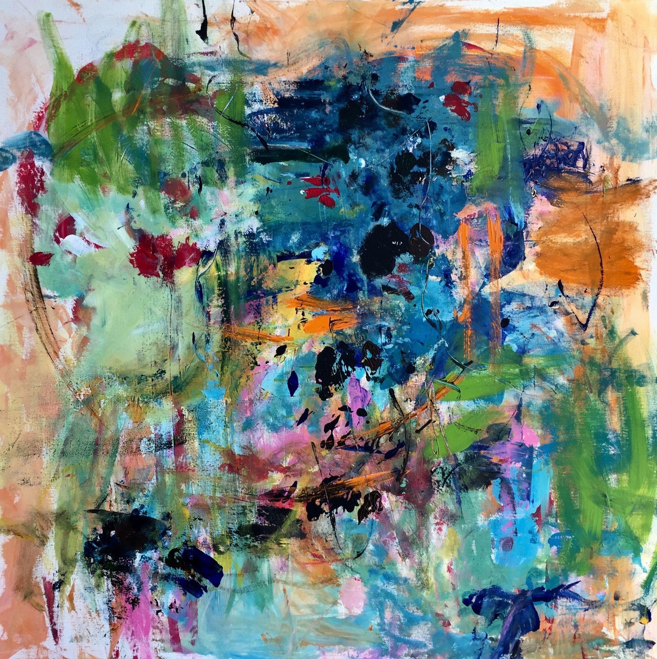 "For Ever and a Day 2" is an abstract painting on canvas. It is very expressive and vibrant. It is a story about love and commitment to a beloved person which will stay for ever.     The main colors are green and blue in different shades, orange,