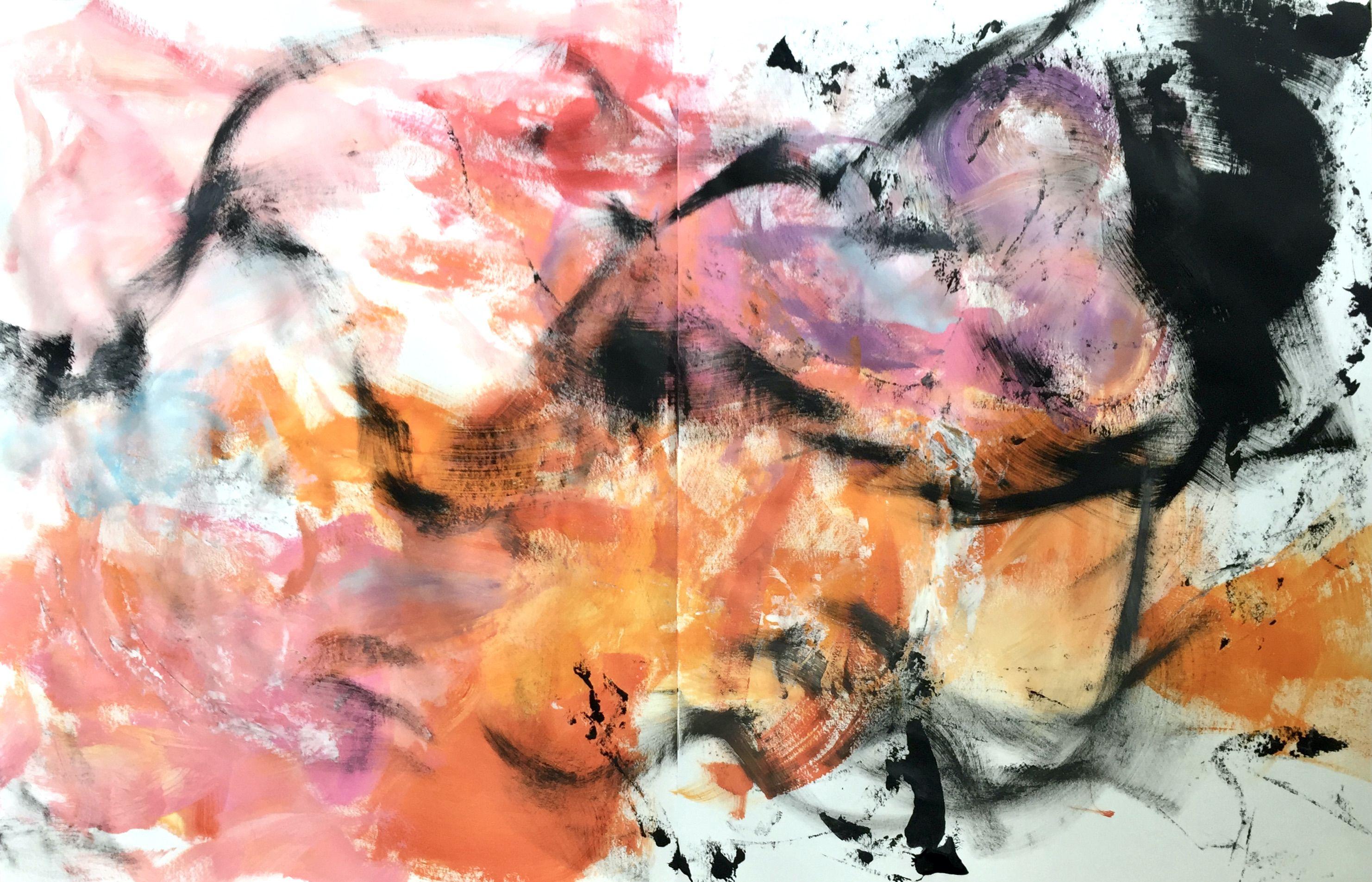 "Gentle Touch (Diptych)" is a lively, colorful diptych on paper. It is painted gesturally and dynamically and is part of abstract expressionism. Pink, orange and white colored areas line up with black lines painted in gestures.    The two pictures