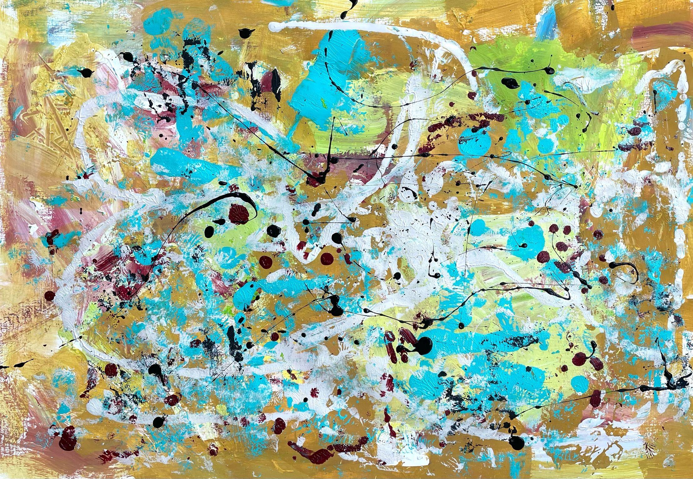 "Gestrandet (Stranded)" is a colorful acrylic painting on paper. It is lively and full of movement and dynamism.    It was inspired by a walk on the beach at the North Sea in Germany. All sorts of things had washed up in the sand. Shells, stones