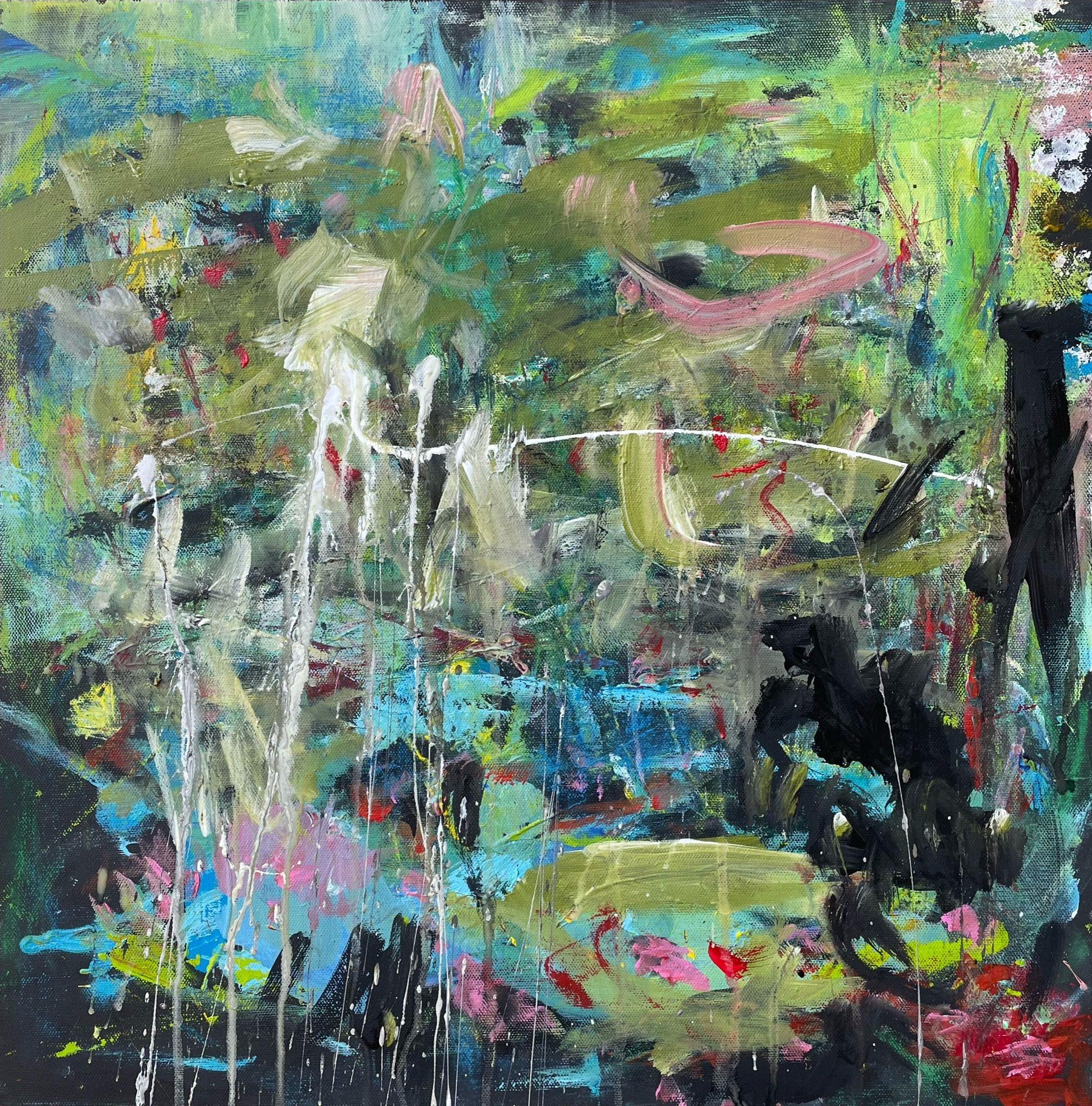 This painting is inspired by Monet's paintings of his waterlily pond in Giverny, France.     The main colors of the painting are black, turquoise, green of various shades and pink. The painting is signed on the back, there is also the title and the