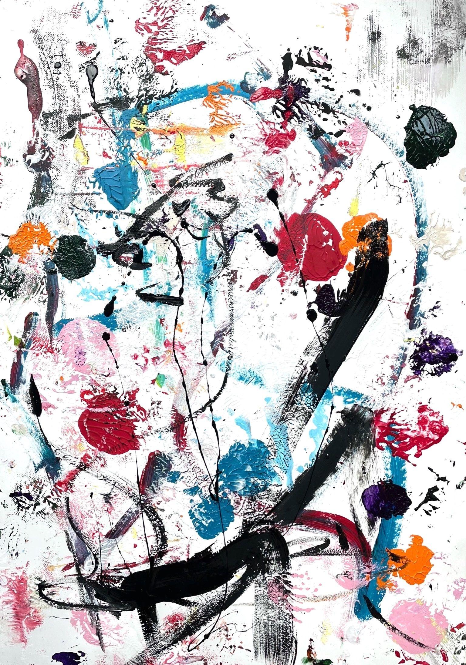   "Holy Moly 1" is a vibrant and passionate artwork on paper. It is full of movement and action.  The main colors are red, black, blue and white.     This artwork is a one of a kind painting, an absolutely spontaneous, colorful and unique creation