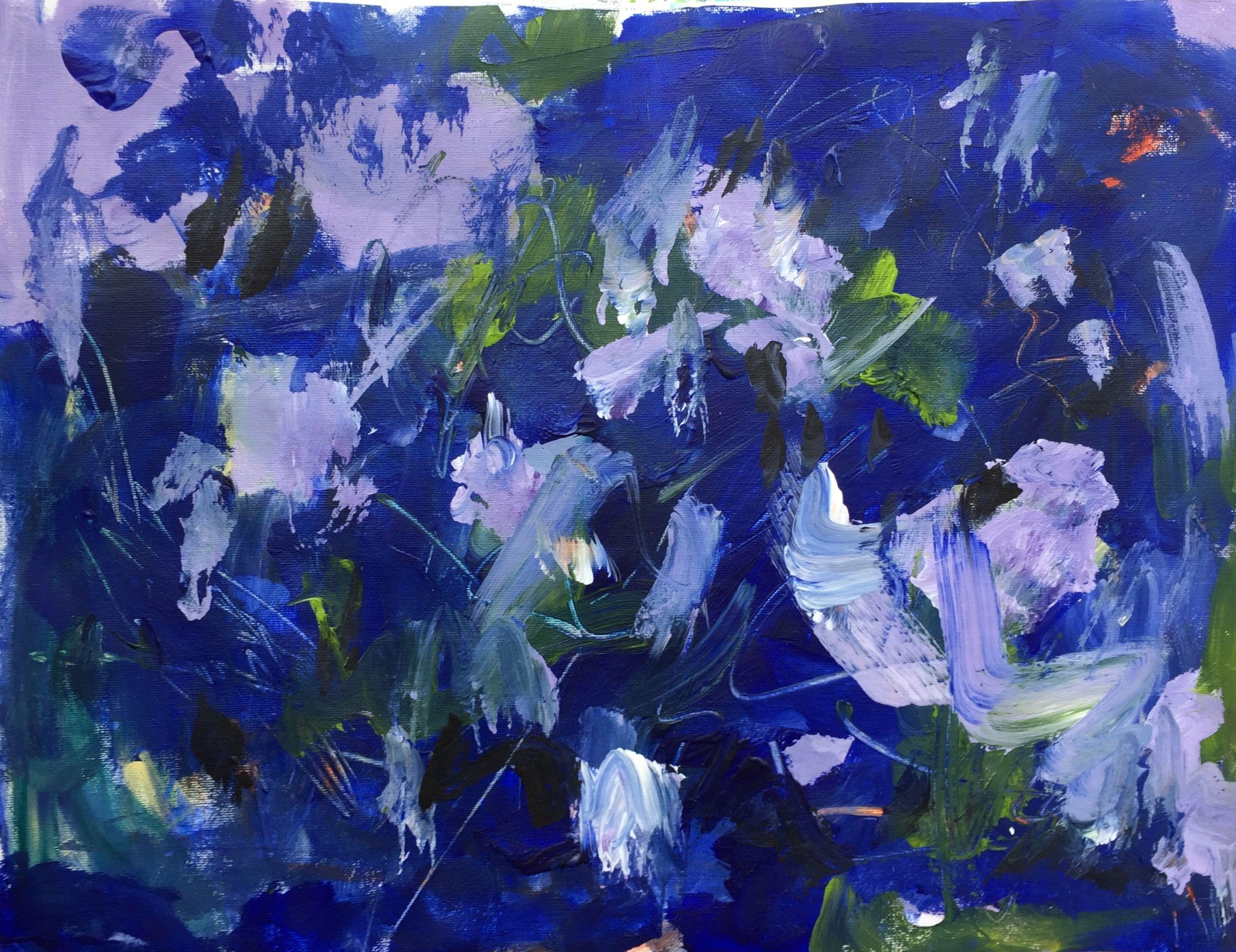 "IÂ´ll be off then" is a passionate and dynamic abstract artwork on linen. It is inspired by nature and the beauty of nature. The main colors are blue and purple.     It is a one of a kind painting, an absolutely spontaneous, colorful and unique