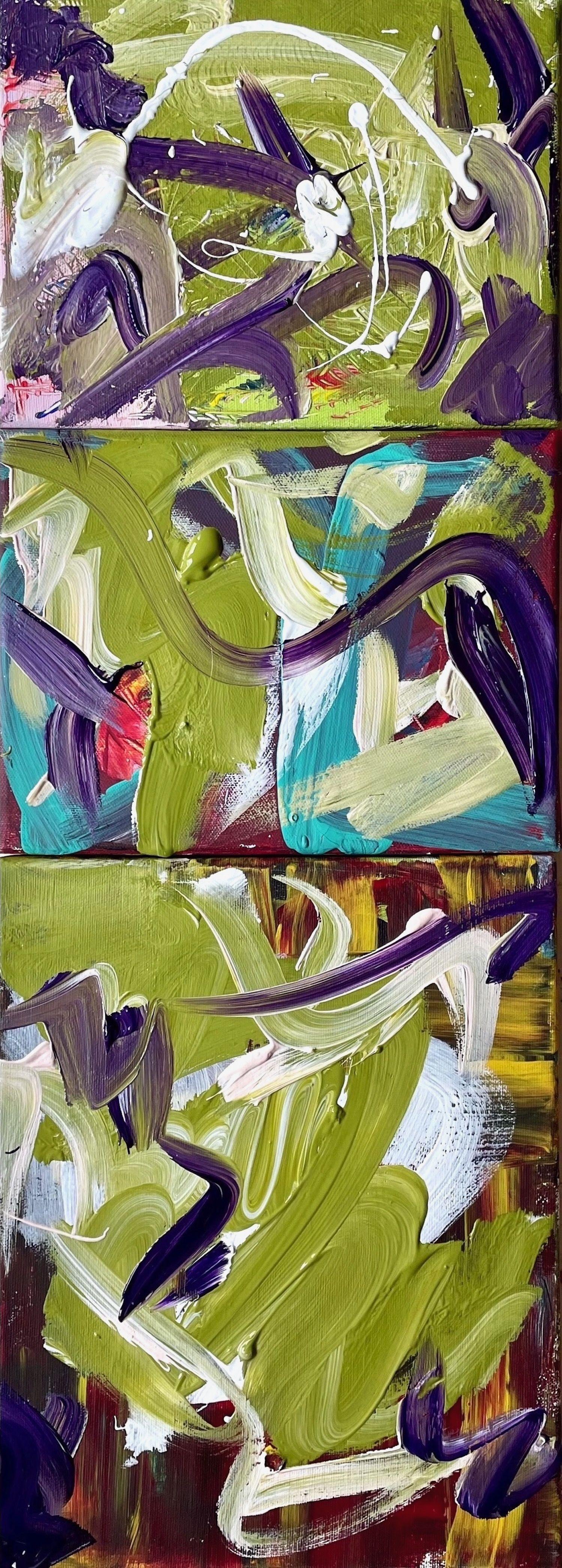 "In the Mood for Floating (Triptych)" is a gestural painted triptych in the colors green and purple as well as some white, black, turquoise and red on canvas. The three paintings can either be hung together, at a distance or each painting