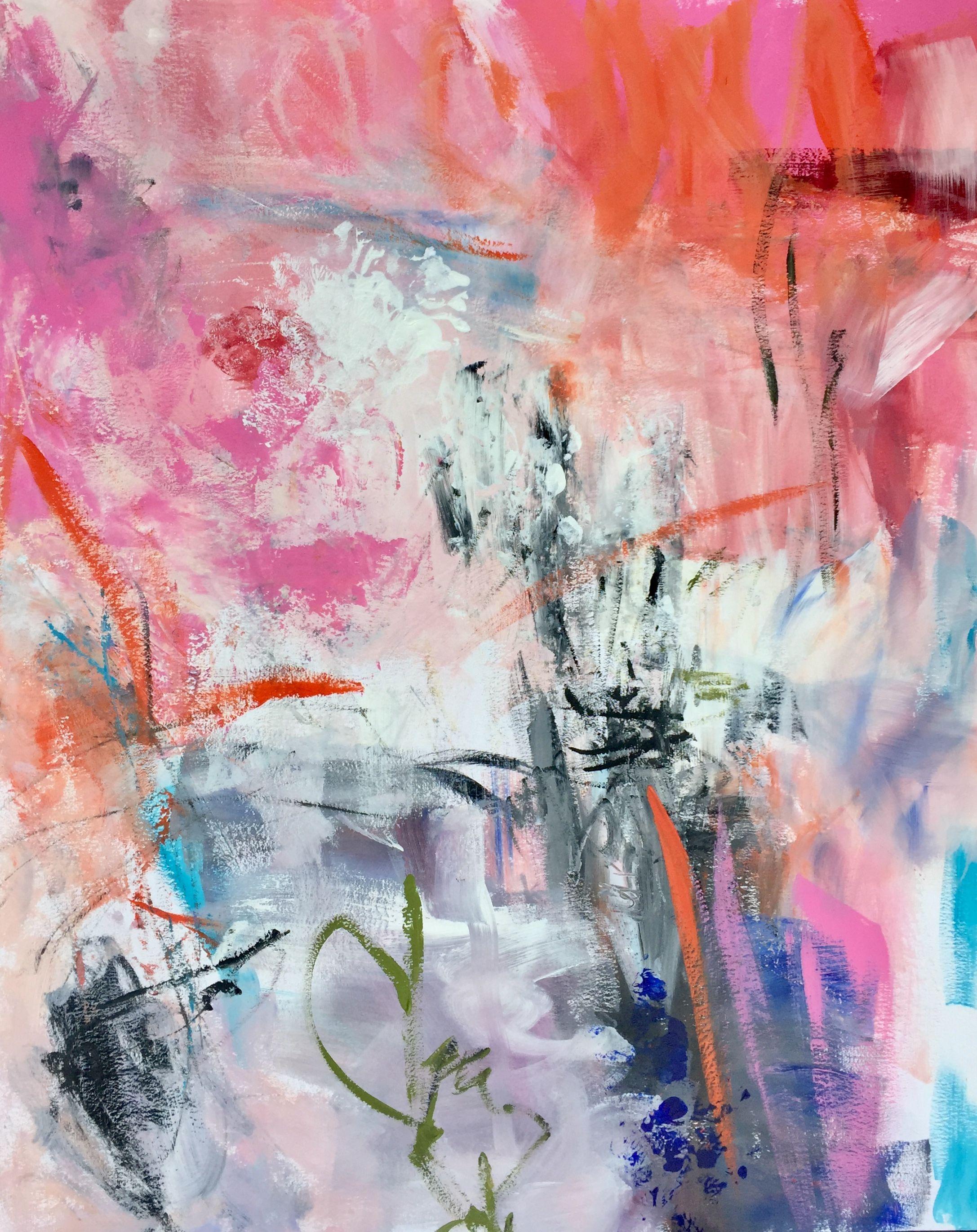 "Ladylike" is a colorful work of art on thick paper. It is painted in a gestural-dynamic way and can be assigned to modern expressionism. This shows the artist's preference for the color combination pink and orange.    The main colors are pink,
