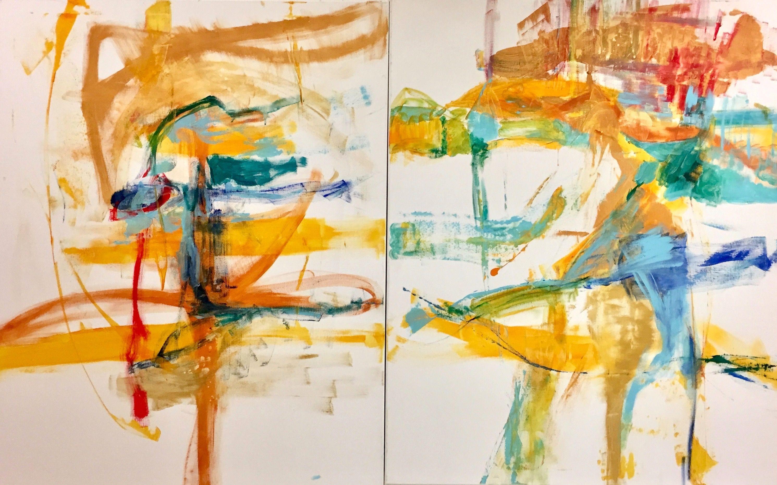 Life, love, happiness, peace, dance - all of this expressed in the yellow and turquoise in this artwork. It evokes the pleasure of a happy and relaxing weekend day!  The paintings will bring sunshine into your rooms!!!    The artwork consists of two