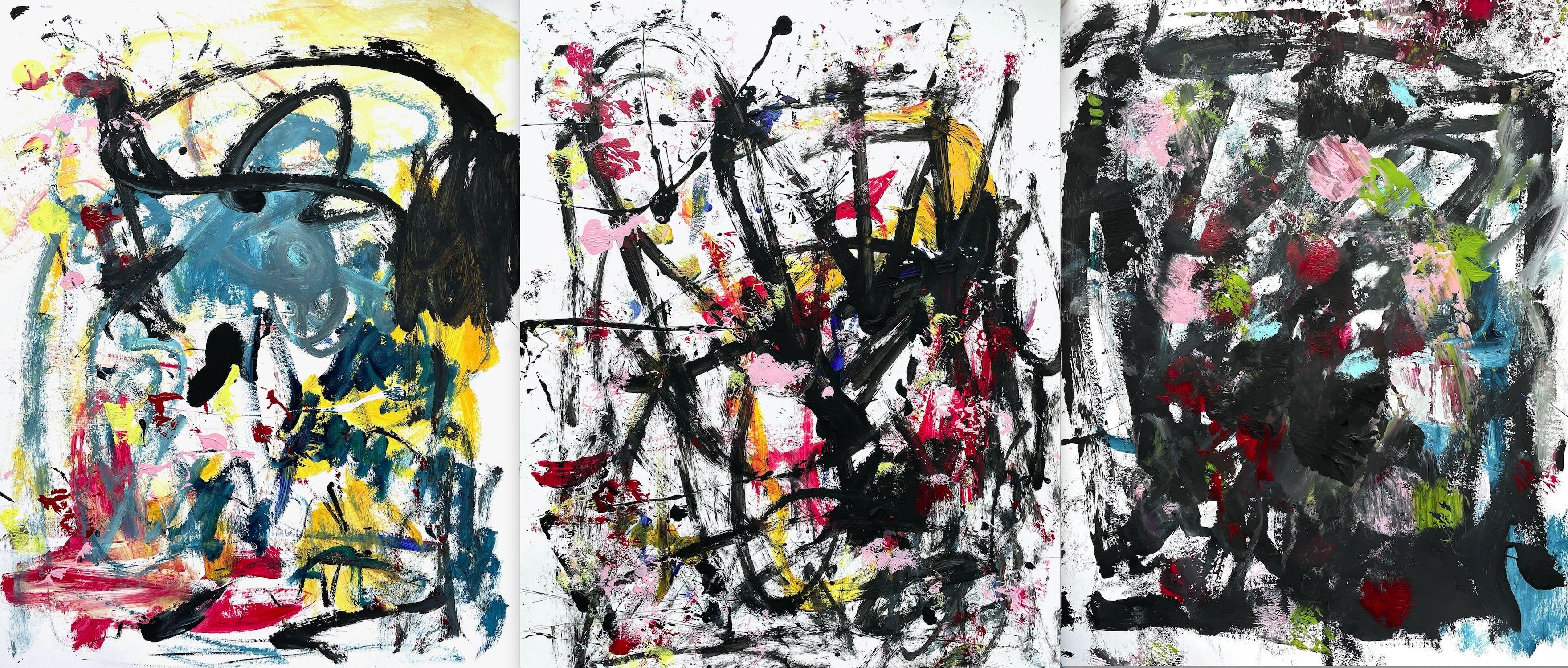"Letzte Ausfahrt rechts / Last exit on the right (Triptych)" is an expressive and dynamic triptych in shades of black in combination with turquoise, yellow and red on paper. It is painted gesturally and dynamically. A real statement piece of art.   