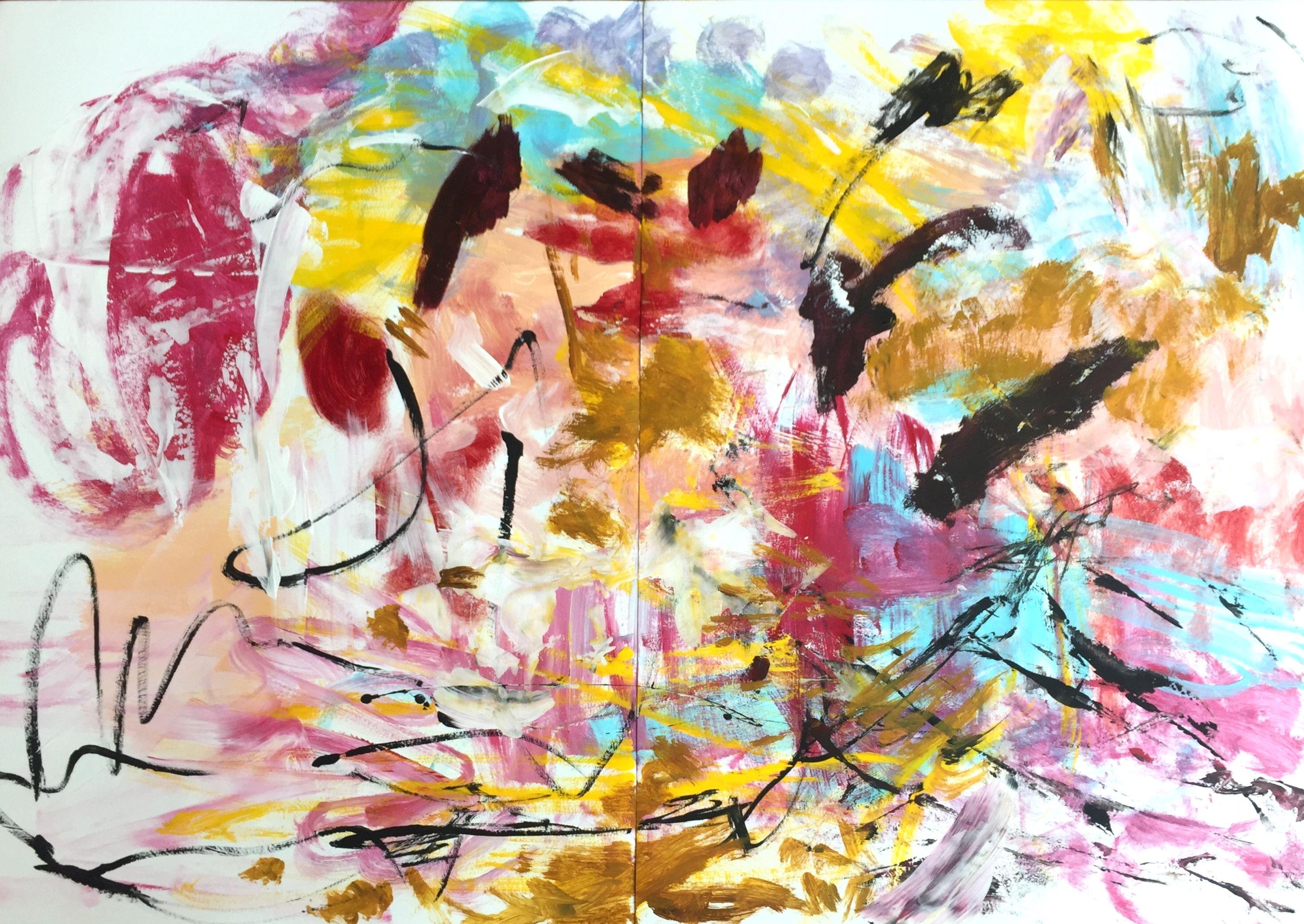 "Listen to the Music" is a colorful diptych on paper. It is painted gesturally and dynamically and is part of abstract expressionism.    The main colors are red, pink, yellow, beige and black.  The two pictures can be hung together or separately.