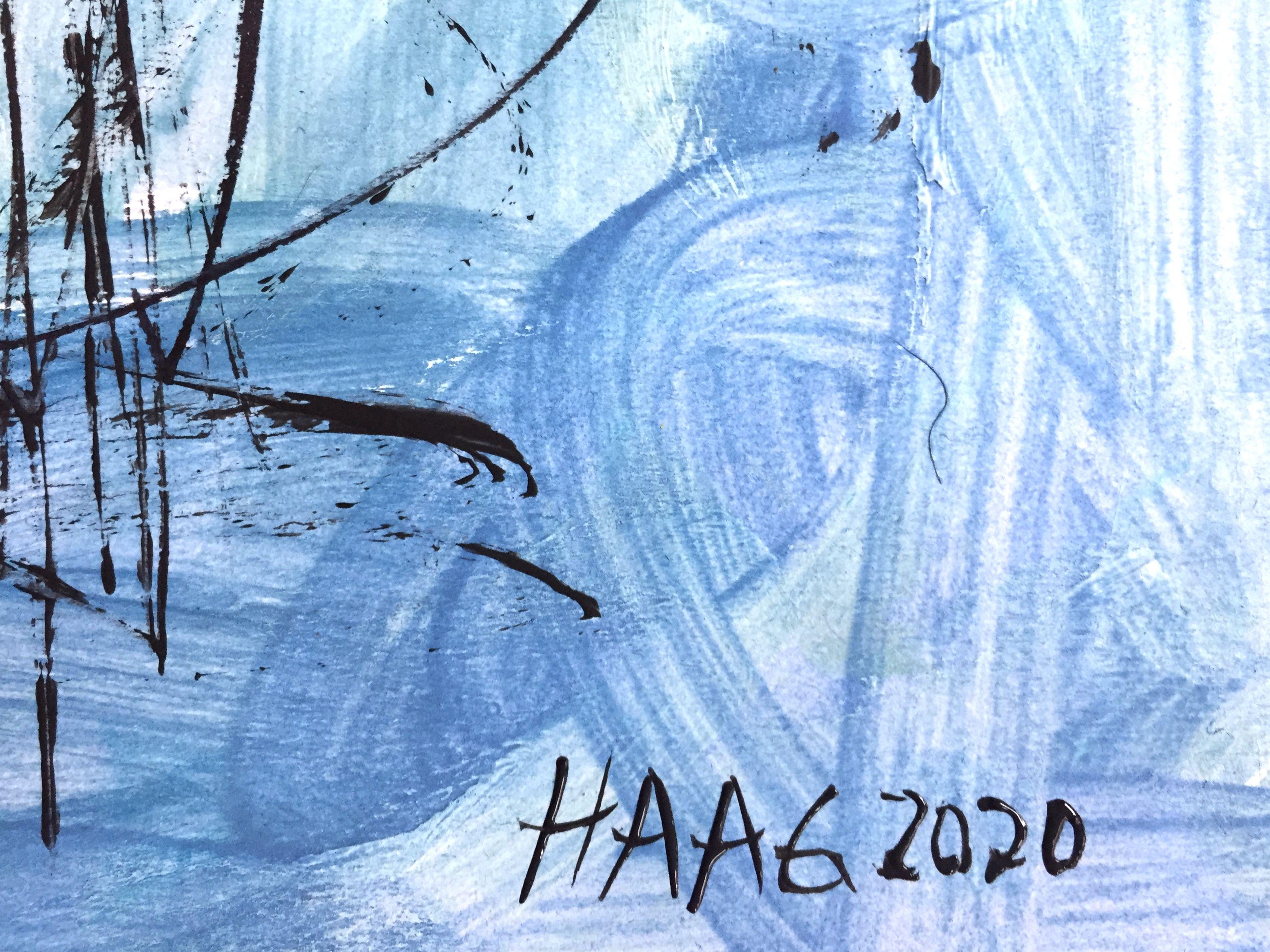 Peinture, acrylique sur papier Manege frei - Bleu Abstract Painting par Christel Haag