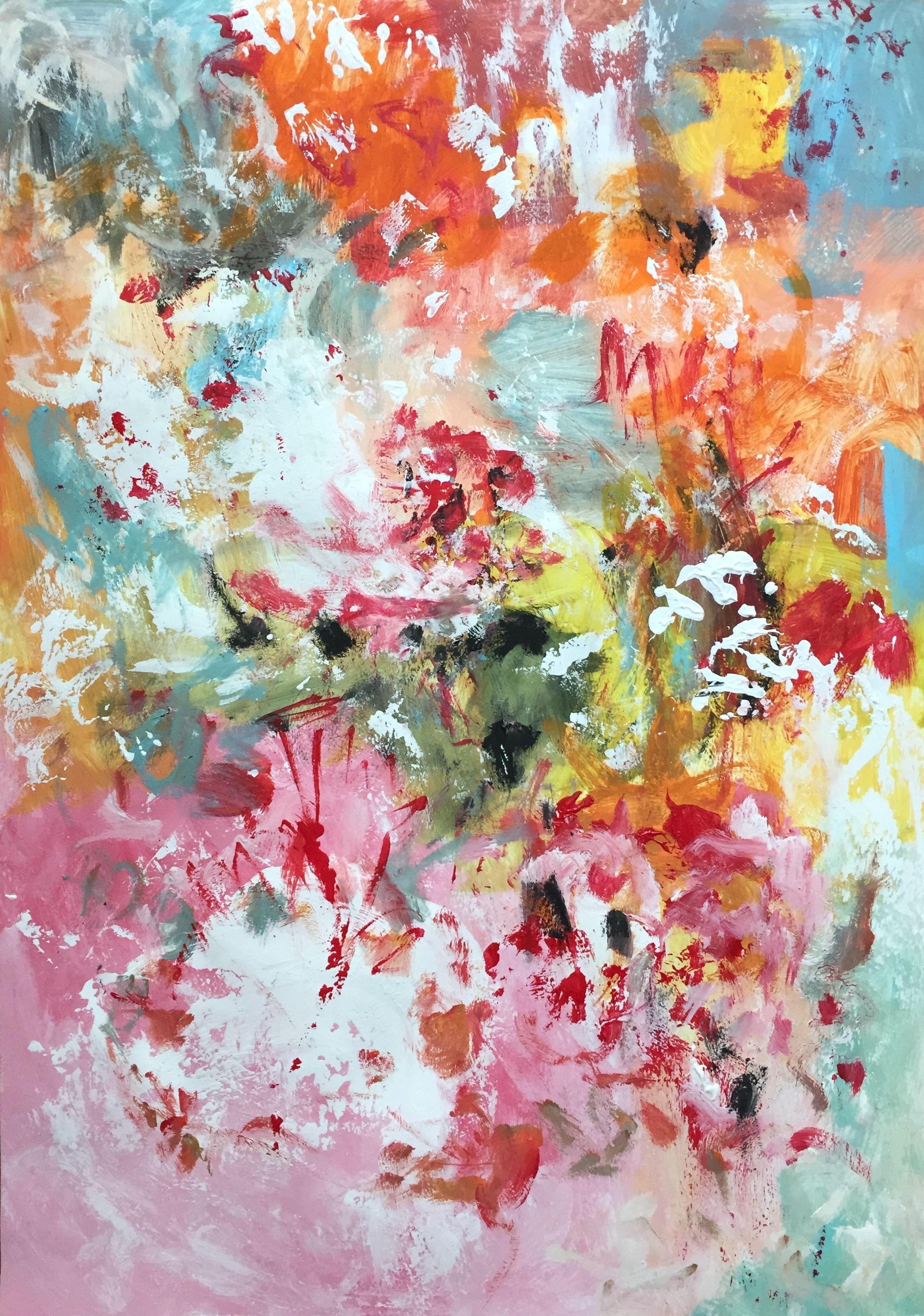 "Nice to Meet You" is a colorful acrylic painting on thick high quality paper. It is painted gestural and dynamic. The choice of colors is positive, bright and creates a good mood - a happy painting. It is reminiscent of flowers, blossoms, spring,
