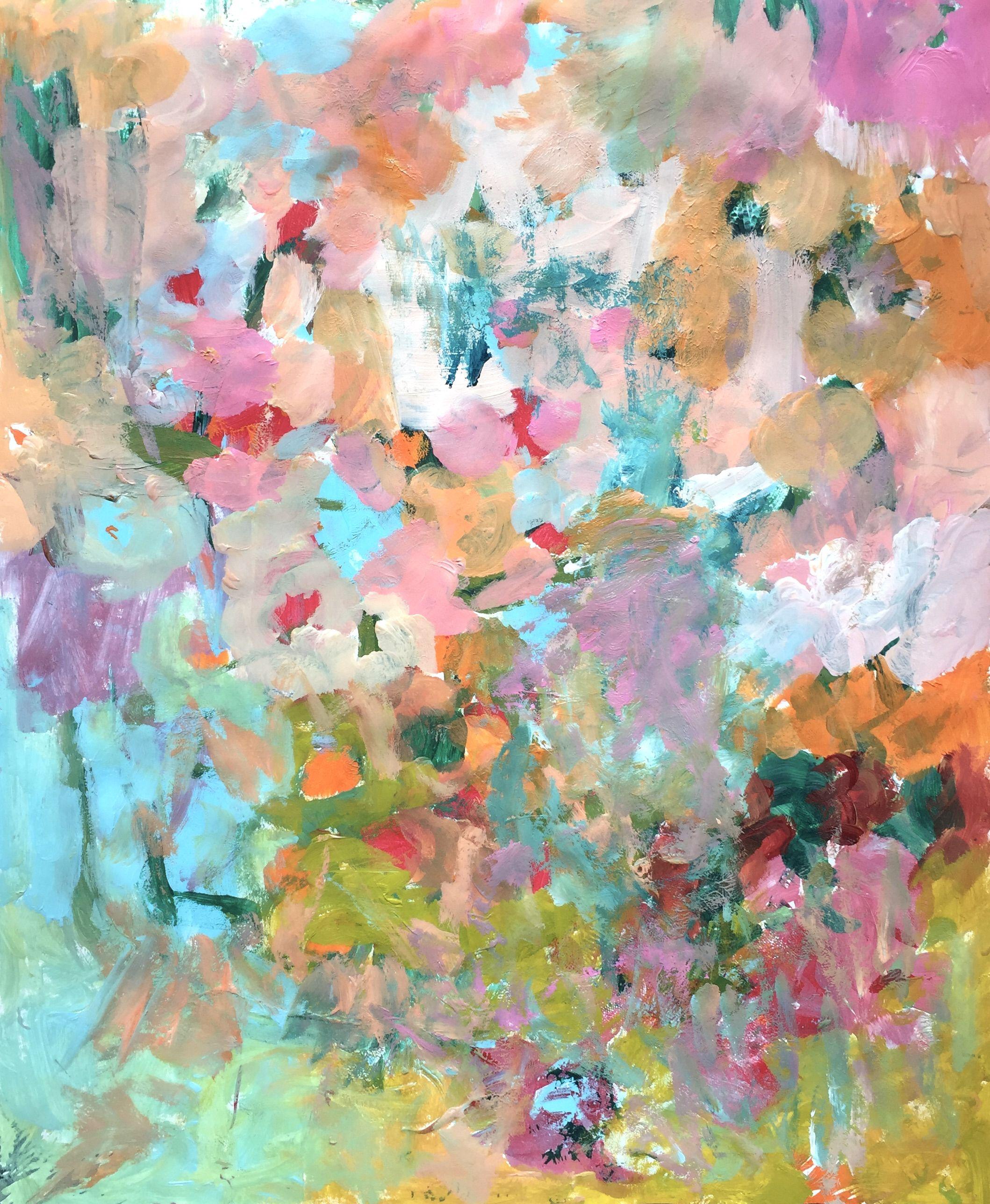 "OsterÃ¼berraschung (Easter Surprise)" is a colorful acrylic painting on paper. It is painted gestural and dynamic. The choice of colors is positive, bright and creates a good mood. It is reminiscent of flowers, blossoms, spring, the beauty of
