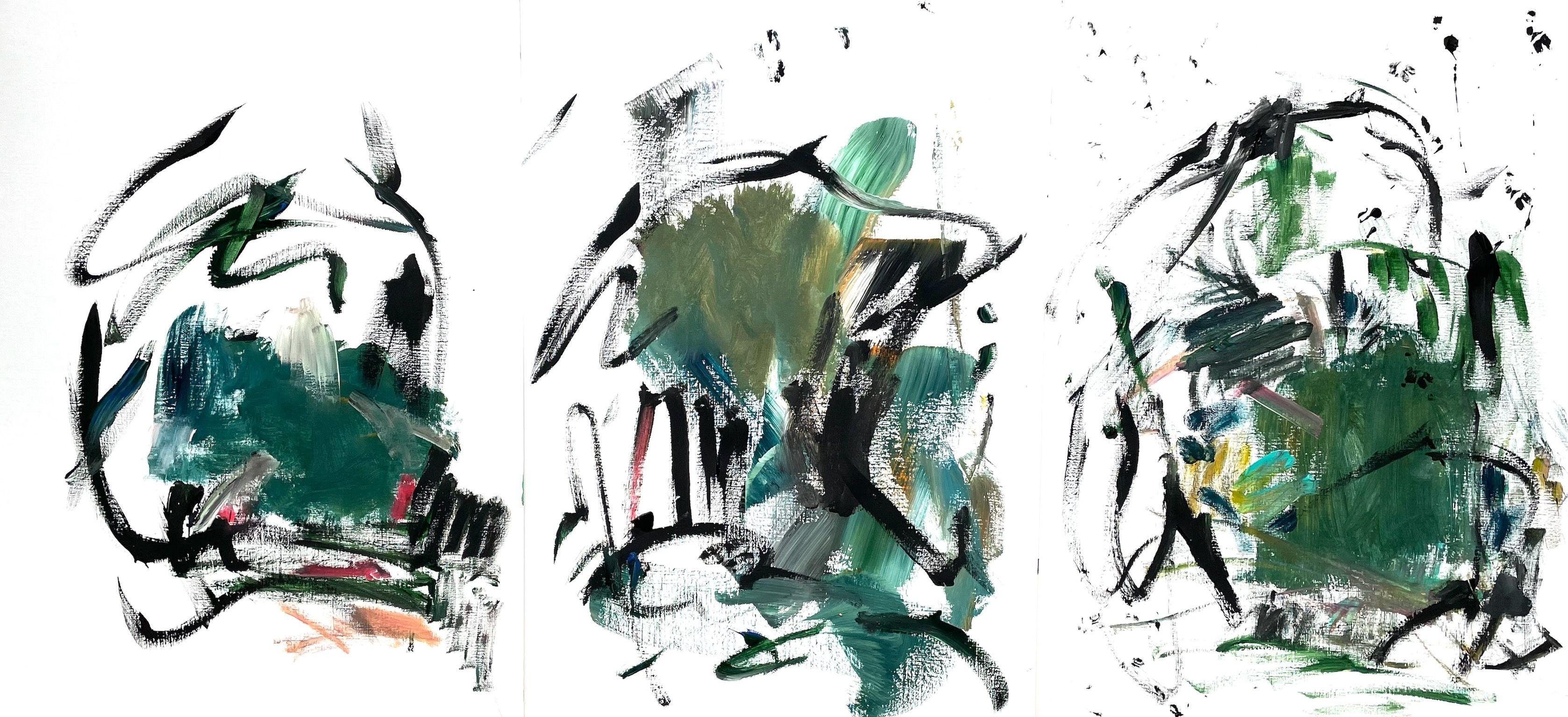 "Roots of Life (Triptych)" is an abstract triptych on paper. It is painted gestural and dynamic and full of movement. The main colors are green and black.    The three paintings can be hung together or separately. They are signed on the back, title