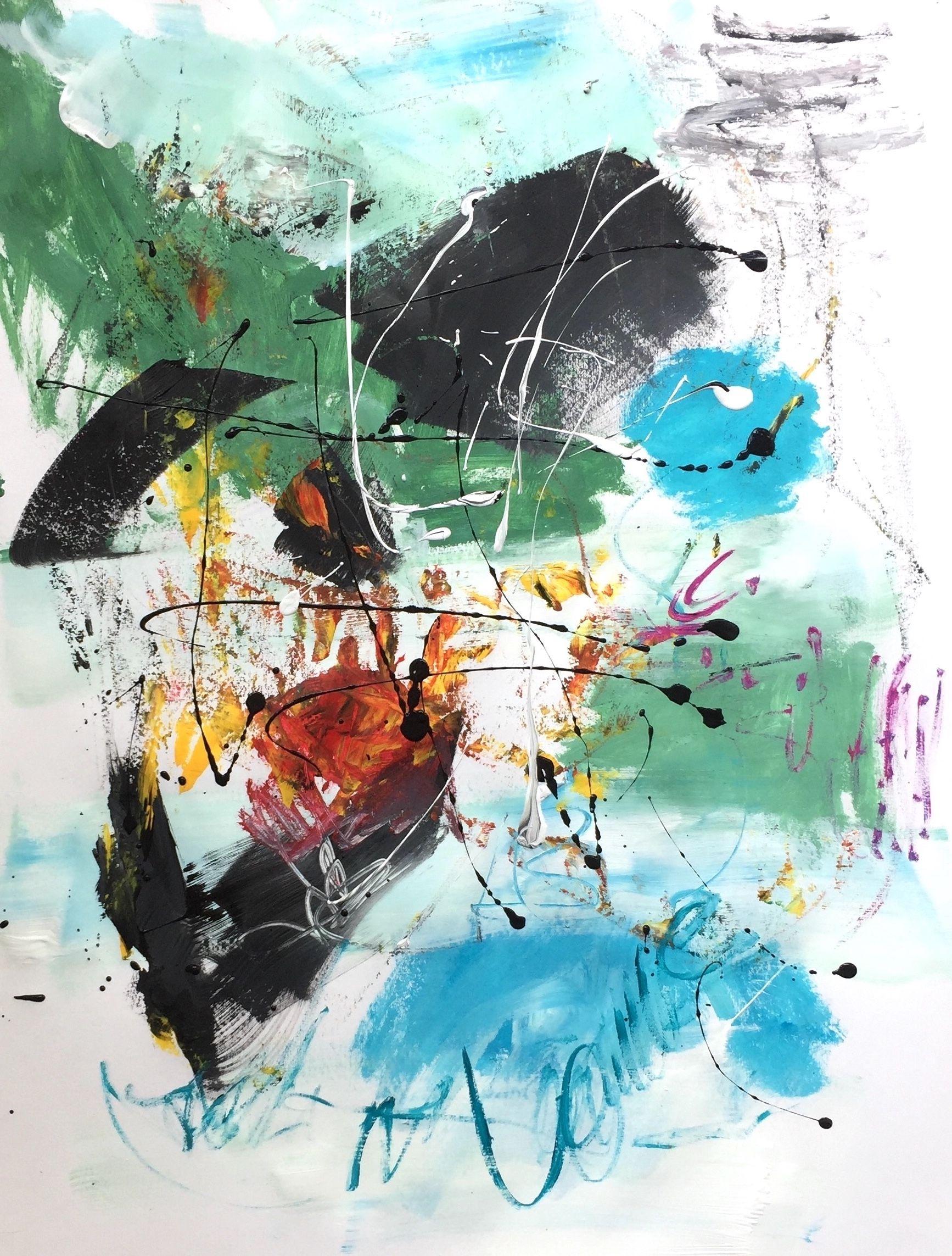 "Schmetterlinge im Bauch (Butterflies in the stomach)" is a gestural-dynamic acrylic painting on paper. Colored areas are lined up with lines and splashes of color. The main colors of this expressive work of art are green, light blue, yellow, black