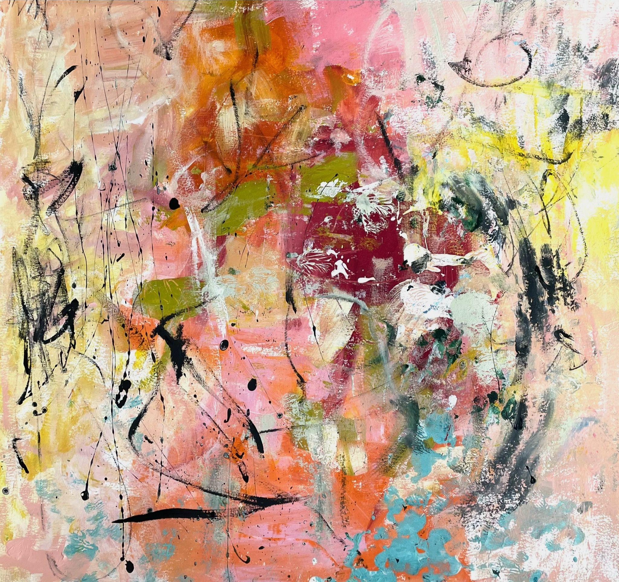   "SelbstgesprÃ¤che" is an abstract, gestural-dynamic acrylic painting on thick paper. The main colors are orange, pink, red, yellow, black and white.   It is a positive bold artwork that has a very hilarious touch.    The painting is signed on the