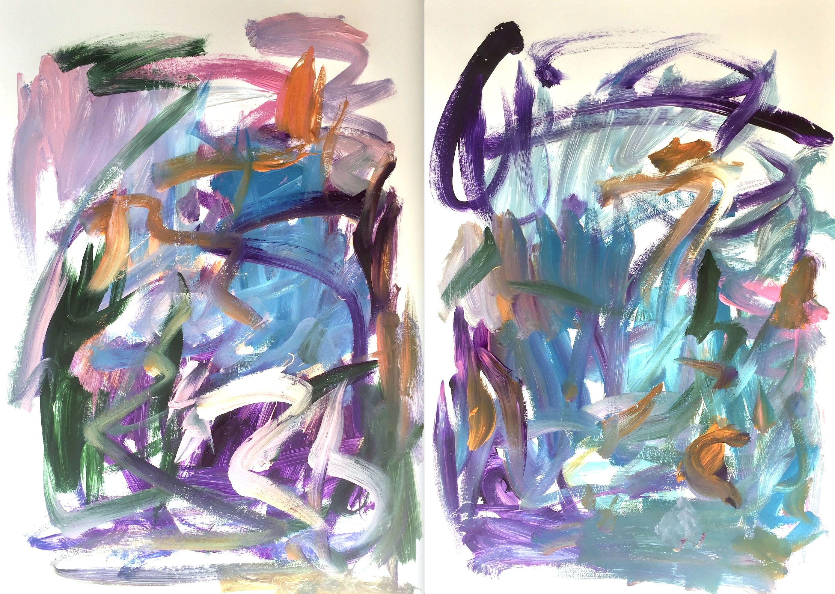 "Should I Stay (Diptych)" is a lively, colorful diptych on paper. It is painted gesturally and dynamically and is part of abstract expressionism.    The main colors are turquoise, blue, purple, green and red.    The two pictures can be hung together