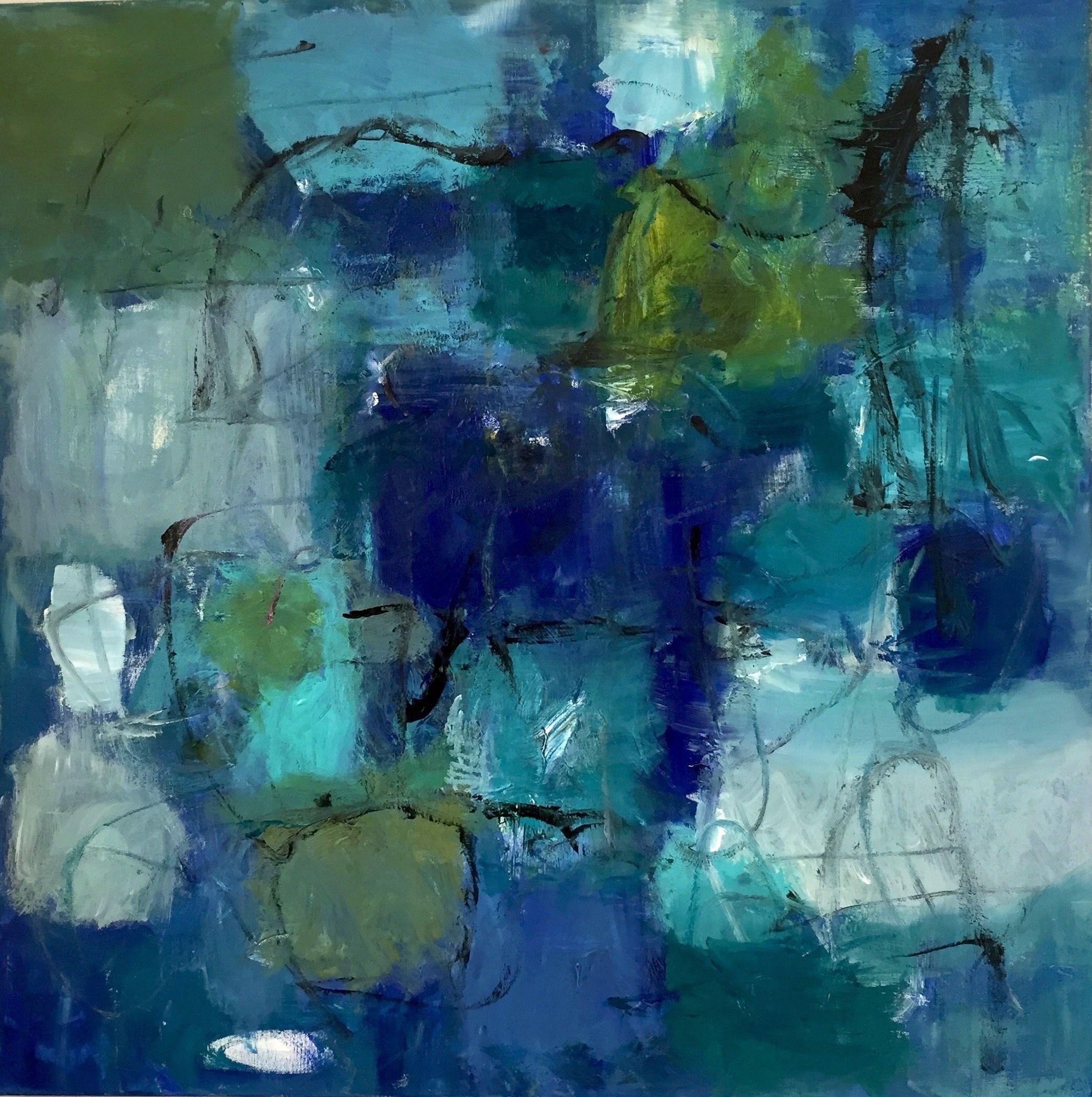 "Still Waiting for You" is a vibrant painting on canvas with the main colors blue, turquoise and green in different shades.     The work is done with acrylic colours on canvas and signed on the side. The sides are also painted in blue. It is ready