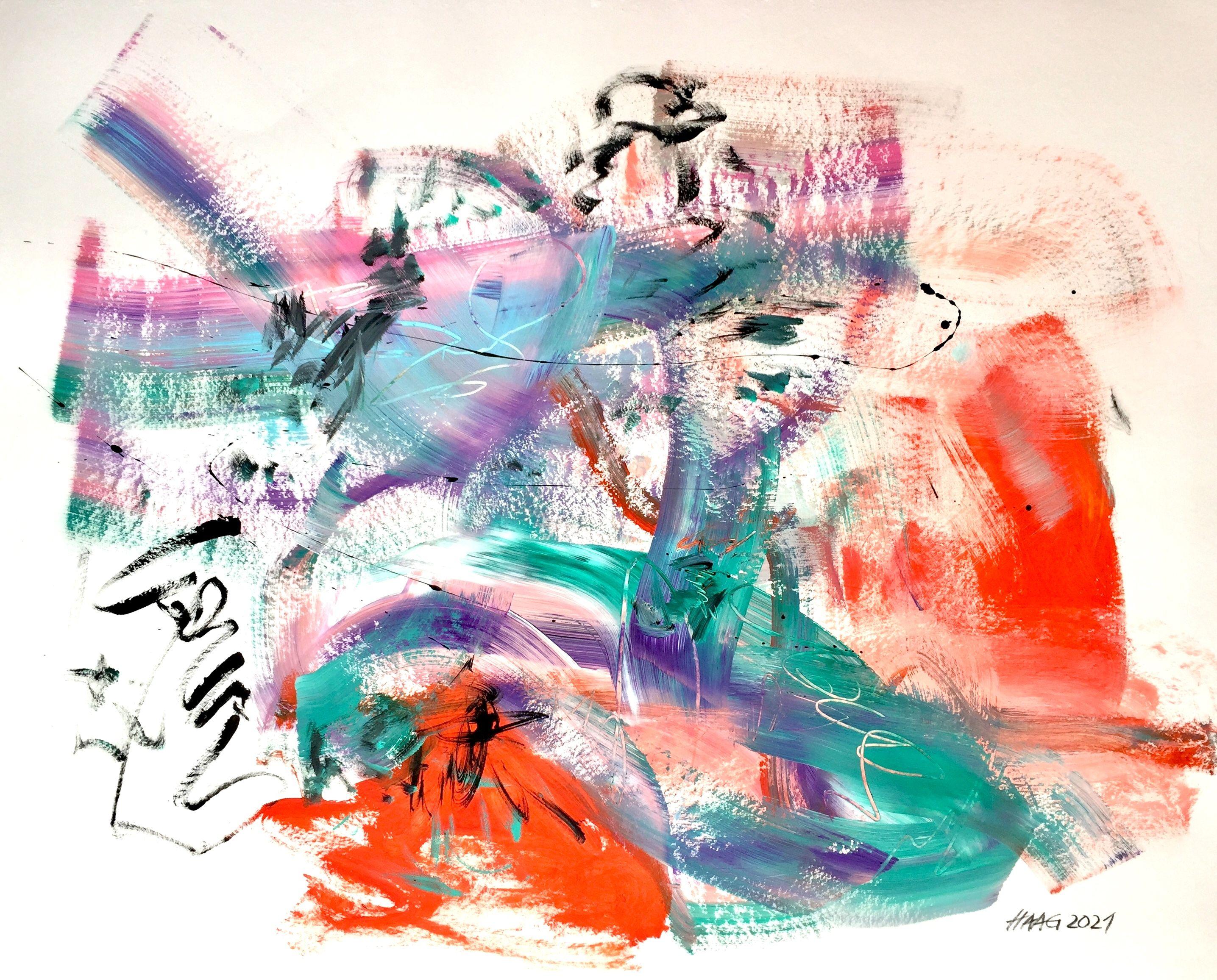 "Sweet Harmony" is an abstract, modern acrylic painting on thick paper. The work of art is painted gestural and dynamic. It can be classified into the informal. The main colors are red, white, black, green and light blue.  The painting is an