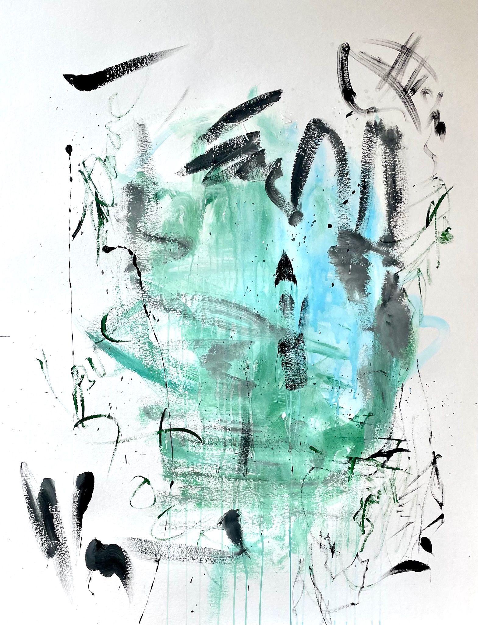 "Thumbs Up" is a gestural-dynamic acrylic painting on thick paper. It is a modern abstract painting that can be assigned to the informal.    The work of art is done in pastel tones. The artist deliberately limited herself to the colors black, white,