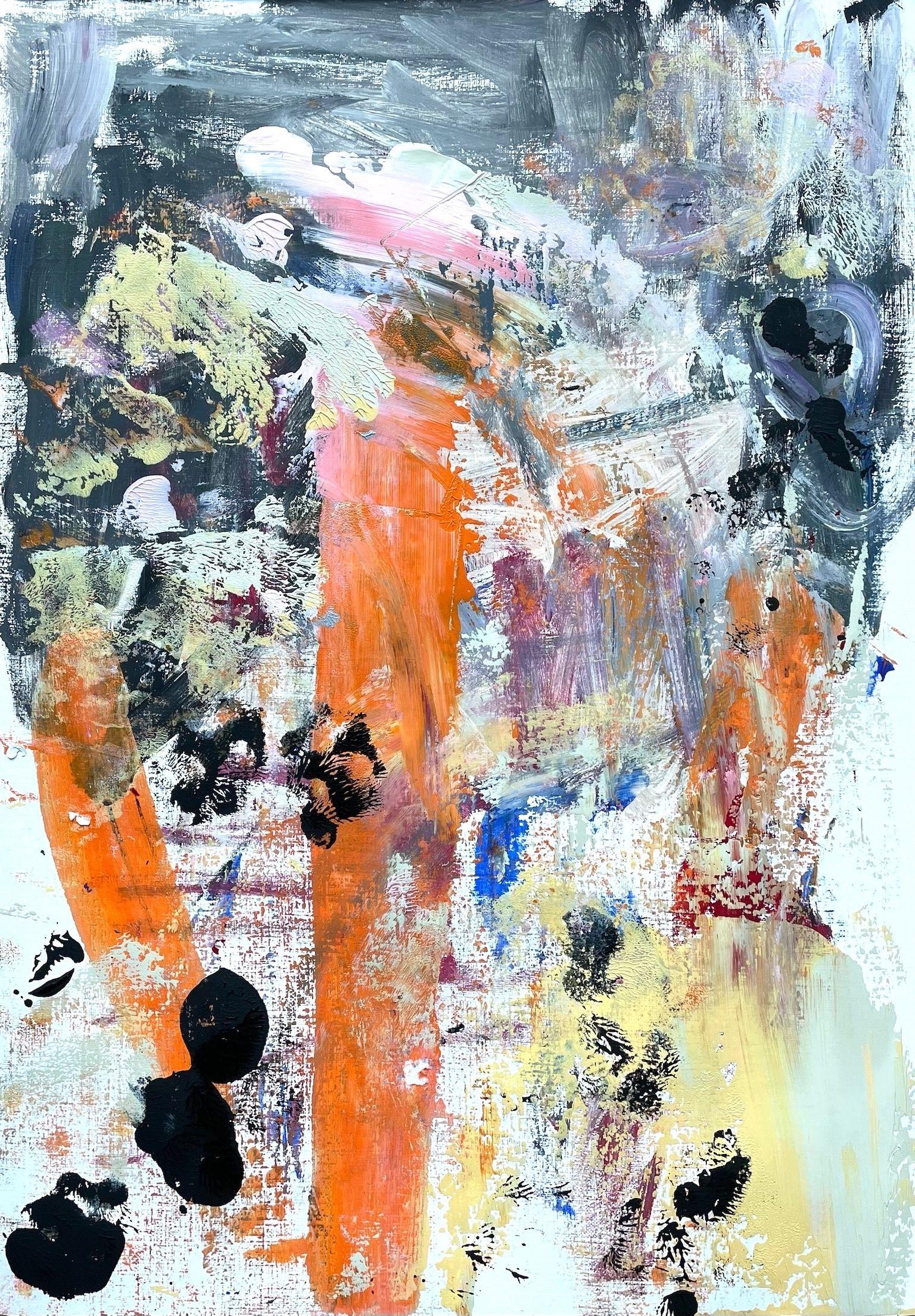  "To Be Continued" is an abstract, modern work of art on paper. It is gestural and dynamically painted and very expressive.    The main colors are black and white and orange.      The artwork is signed on the back. Title and date of origin are also