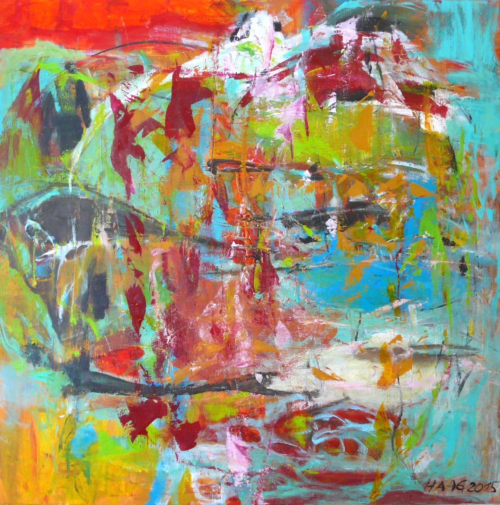 Inspired by the constant human need to explore, wonder and grow. The painting has many layers of acrylic color. So a very deep impression shines through. It is colorful and also very meaningful. The main colors are dark red, turquoise, green, white