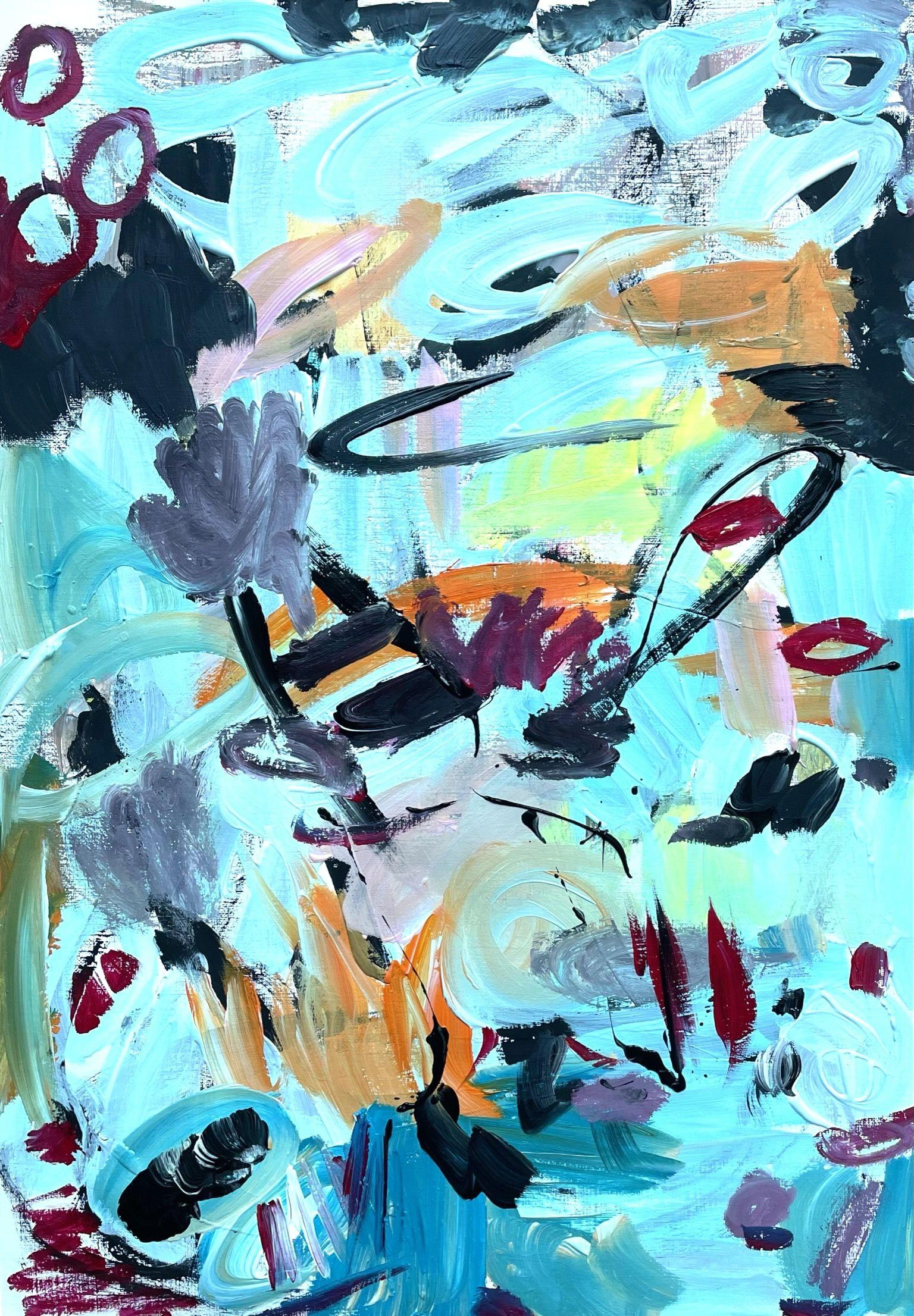 "What Do You Expect" is an abstract modern artwork on paper. It is painted gestural and dynamic, very expressive and full of movement. It's a happy painting.    The main color of this painting is turquoise, supported by black, yellow, orange and