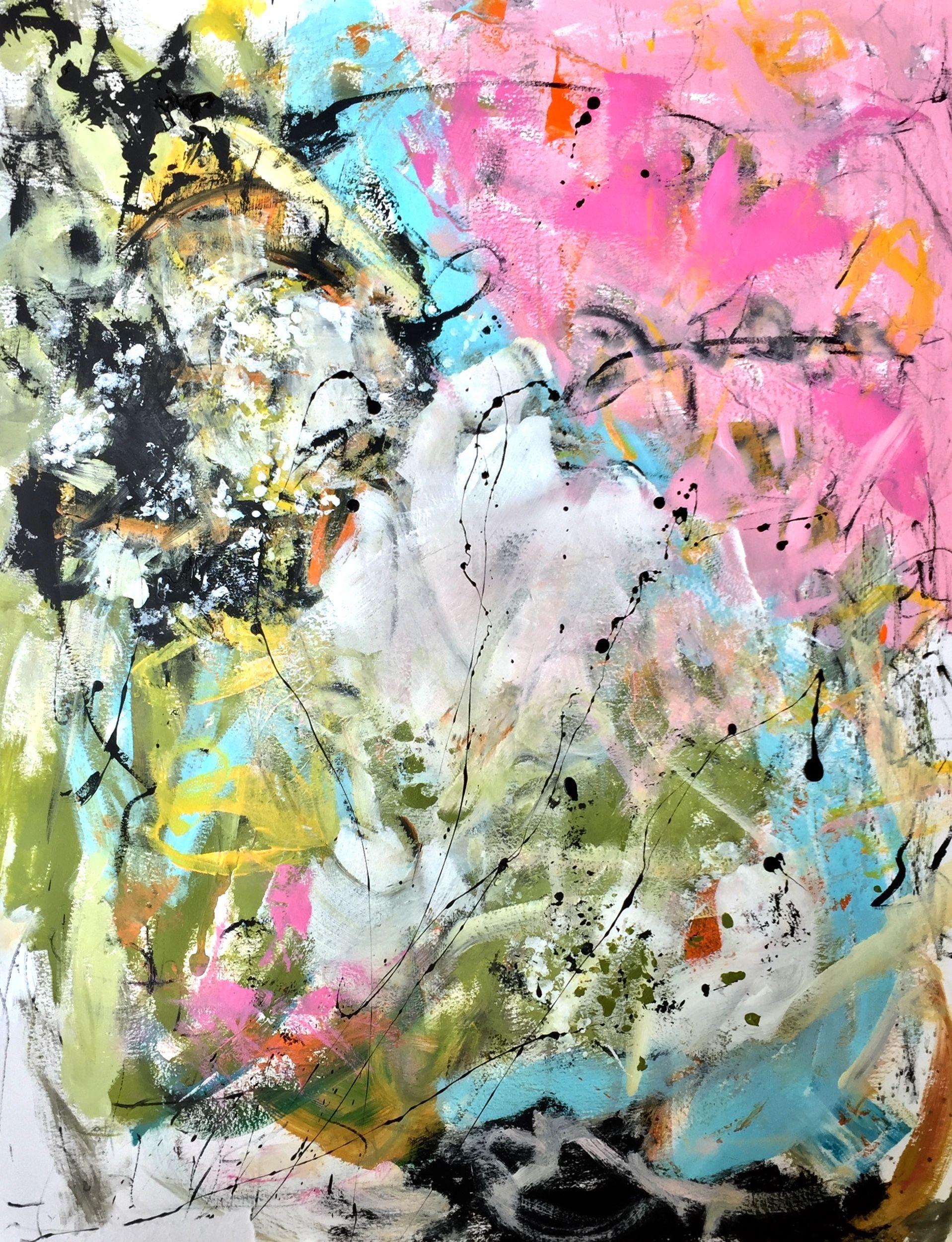 "When the Wind Blows" is an abstract, gestural-dynamic acrylic painting on thick paper. The main colors are pink, white, green, turquoise and black.  Without a doubt, times are rough at times and the wind blows towards us. But the next pink cloud,